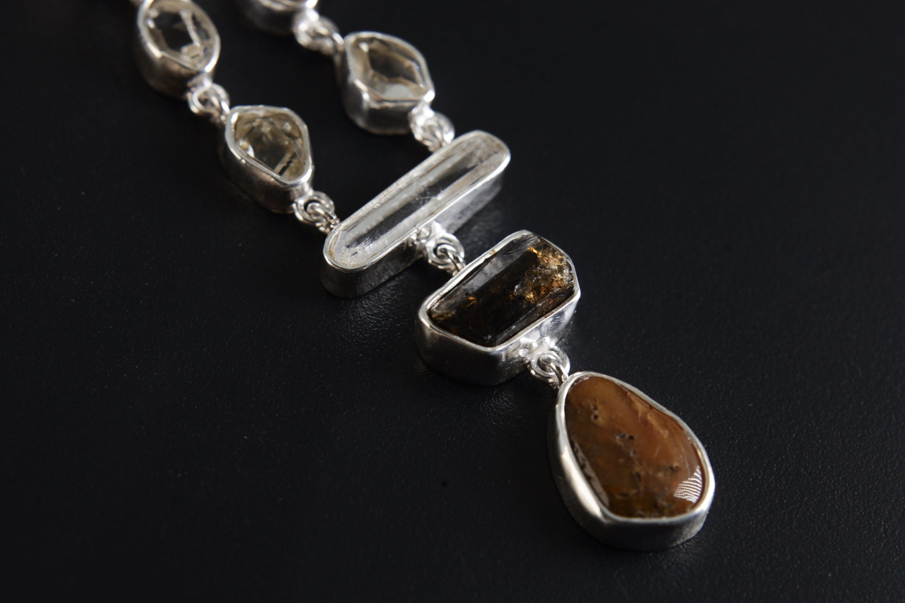 Emerald Dravit Brown Tourmaline,Herkimer Diamond,Aquamarine,Tiger Eye- Silver Pendant - Hammered Textured & High Polish