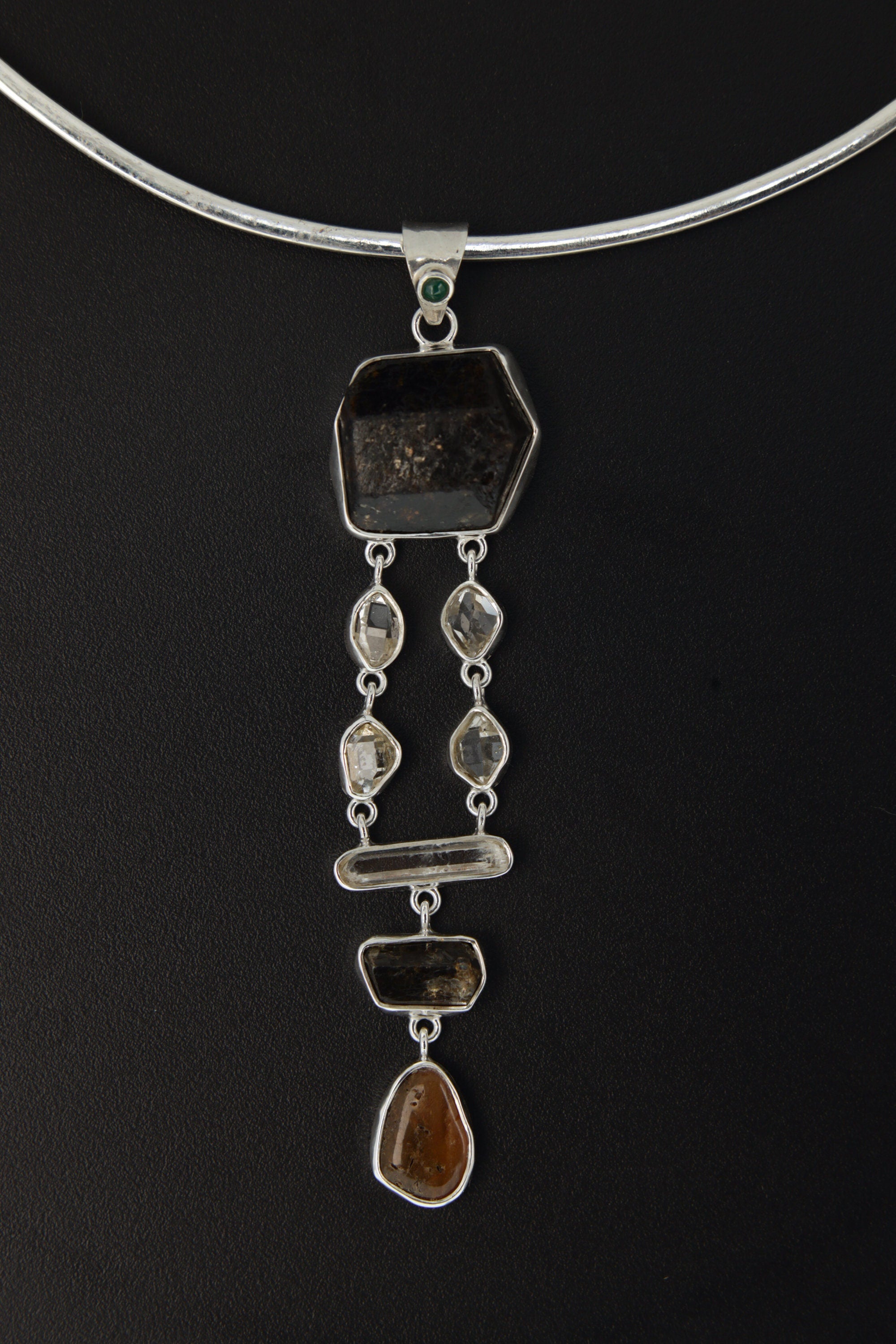 Emerald Dravit Brown Tourmaline,Herkimer Diamond,Aquamarine,Tiger Eye- Silver Pendant - Hammered Textured & High Polish