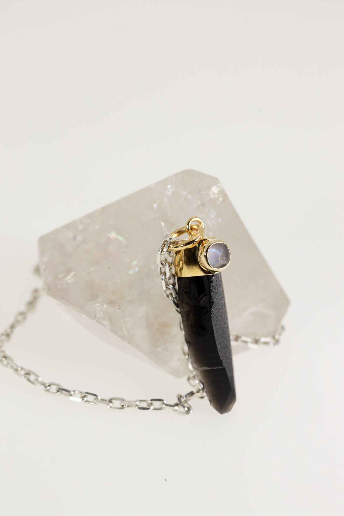 Gold-Plated Sterling Silver Pendant with Australian Smoky Phantom Quartz Point & Cat's Eye Blue Moonstone, Elegant Gemstone Jewelry