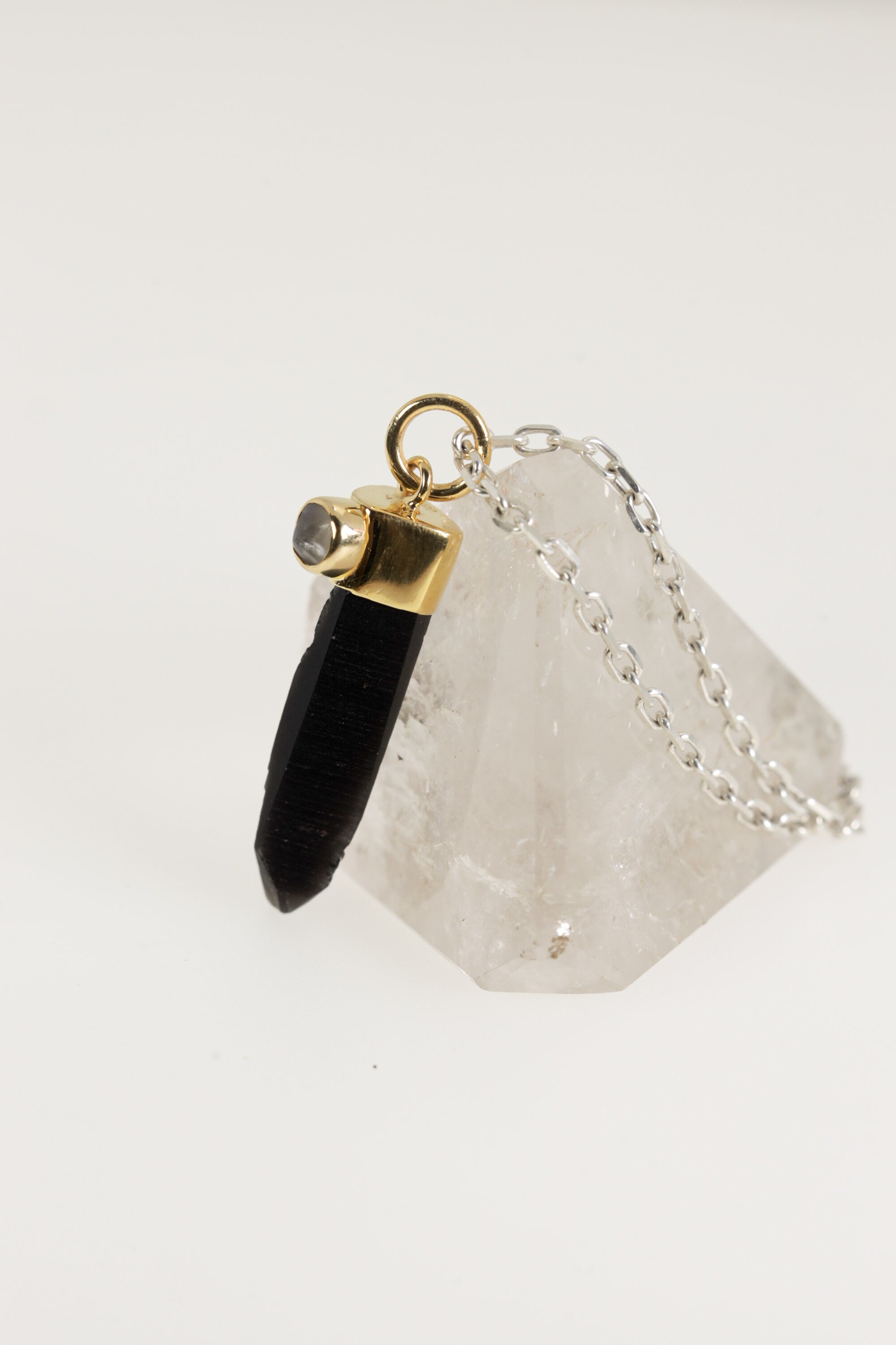 Gold-Plated Sterling Silver Pendant with Australian Smoky Phantom Quartz Point & Cat's Eye Blue Moonstone, Elegant Gemstone Jewelry