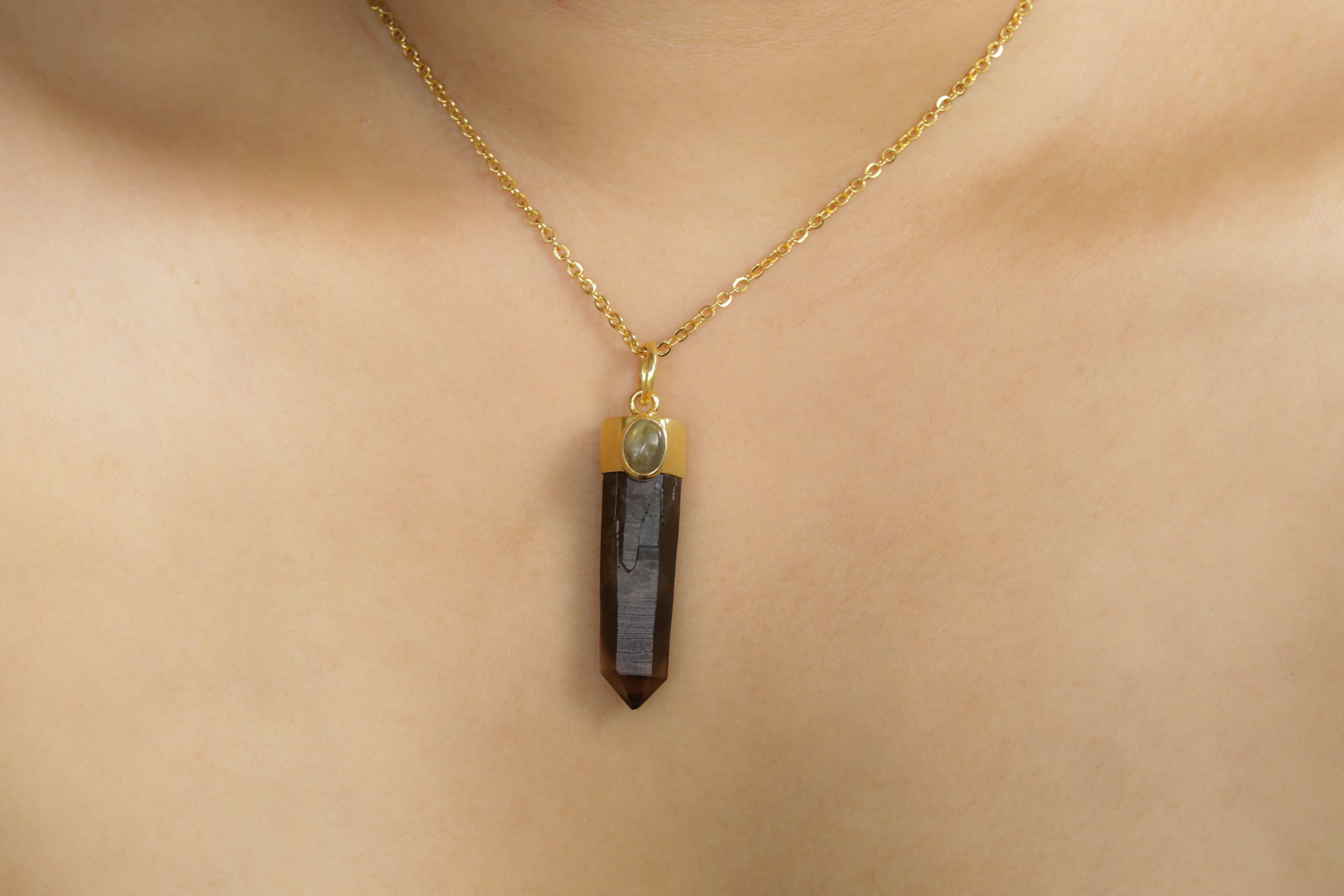 Australian Smoky Phantom Quartz Point Pendant Adorned with Oval Rainbow Labradorite in Gold-Plated Sterling Silver, Luxurious Accessory