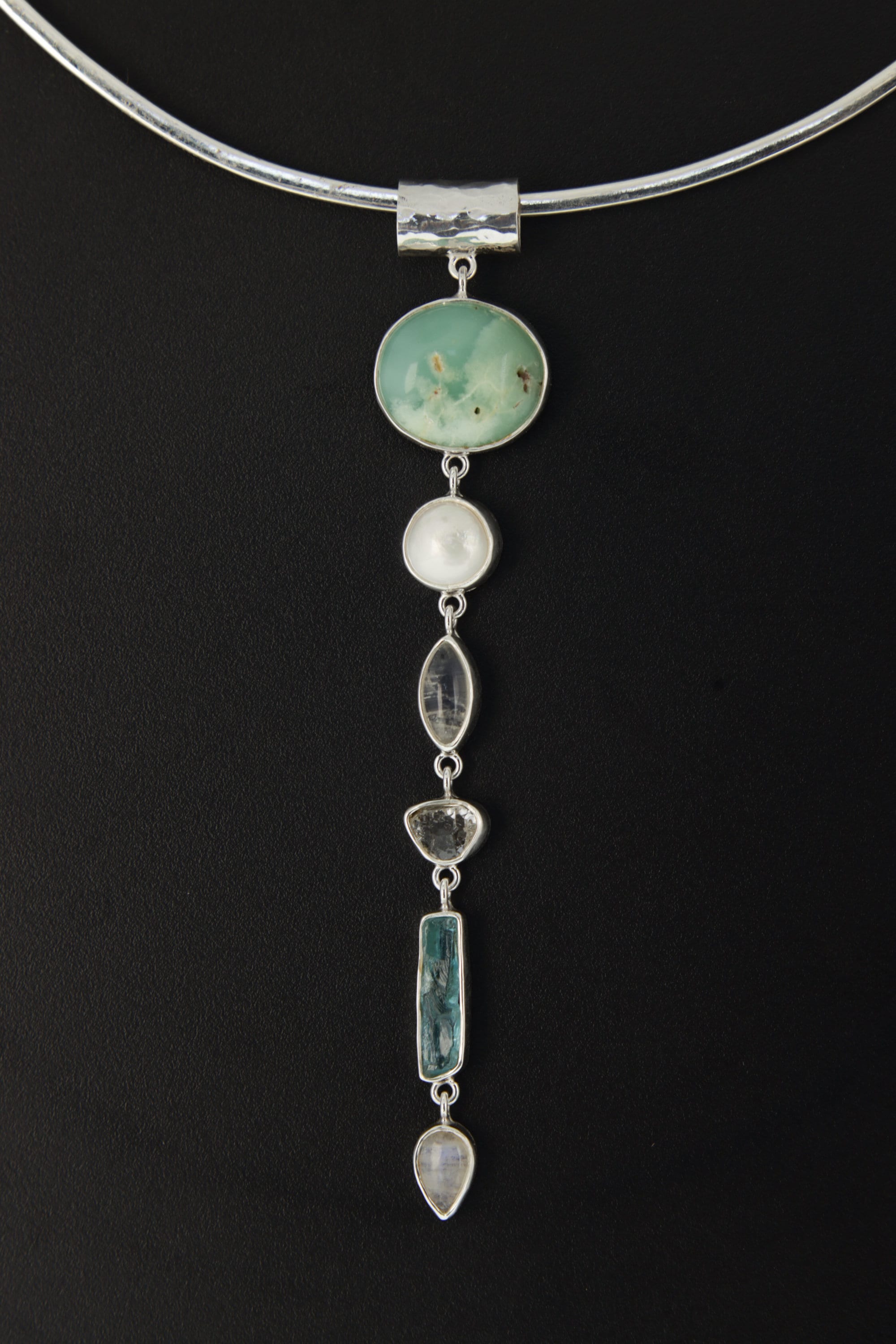 Chrysoprase, Pearl, Moonstone, Herkimer Diamond & Aquamarine - Silver Pendant - High Polish - Hammered Textured