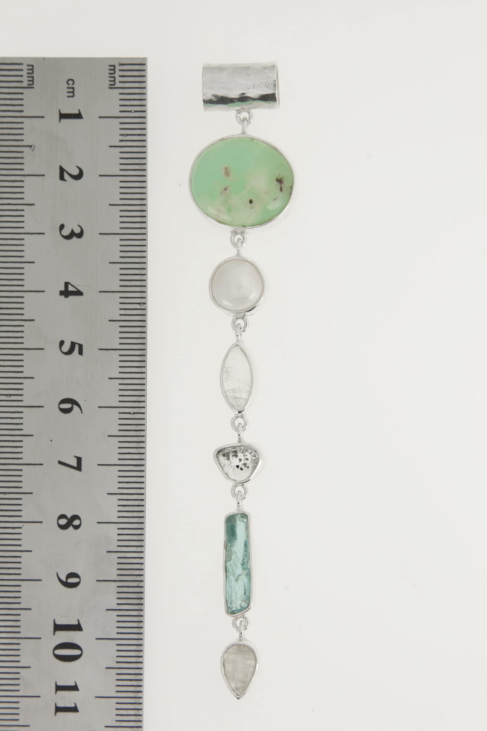 Chrysoprase, Pearl, Moonstone, Herkimer Diamond & Aquamarine - Silver Pendant - High Polish - Hammered Textured