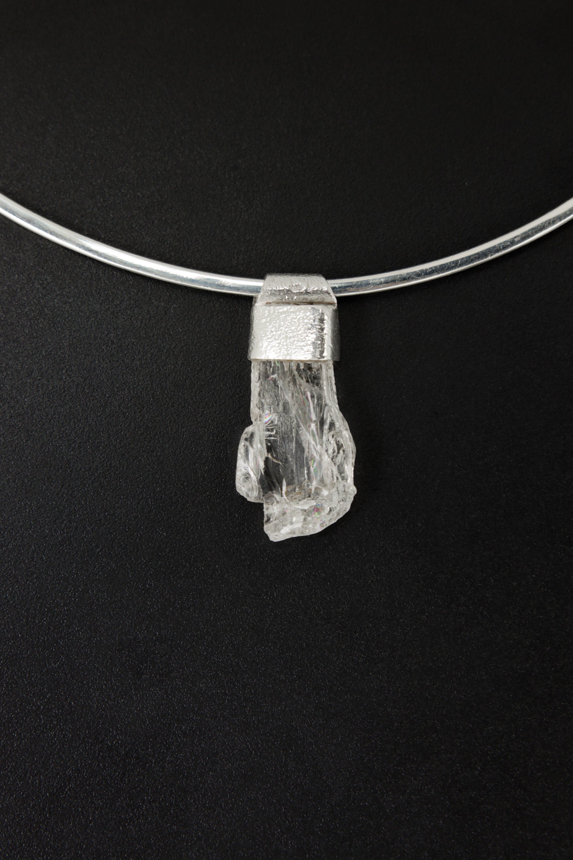 Naturally Clear Spodumene Slice - Stack Pendant - Organic Textured 925 Sterling Silver - Crystal Necklace