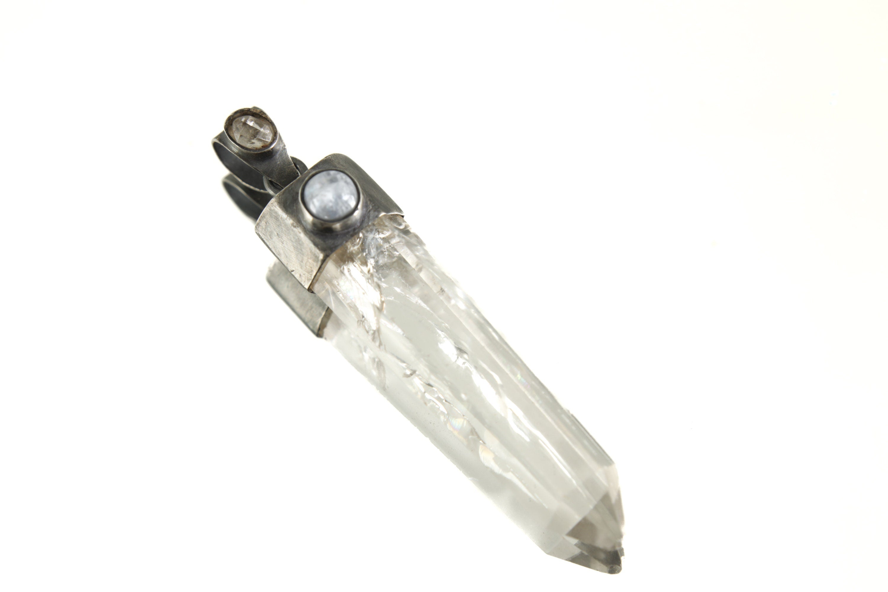 Clear Laser Quartz Generator Point Pendant with Herkimer Diamond Bail and Blue Moonstone Cap Oxidized Brush Textured Sterling Silver Charm