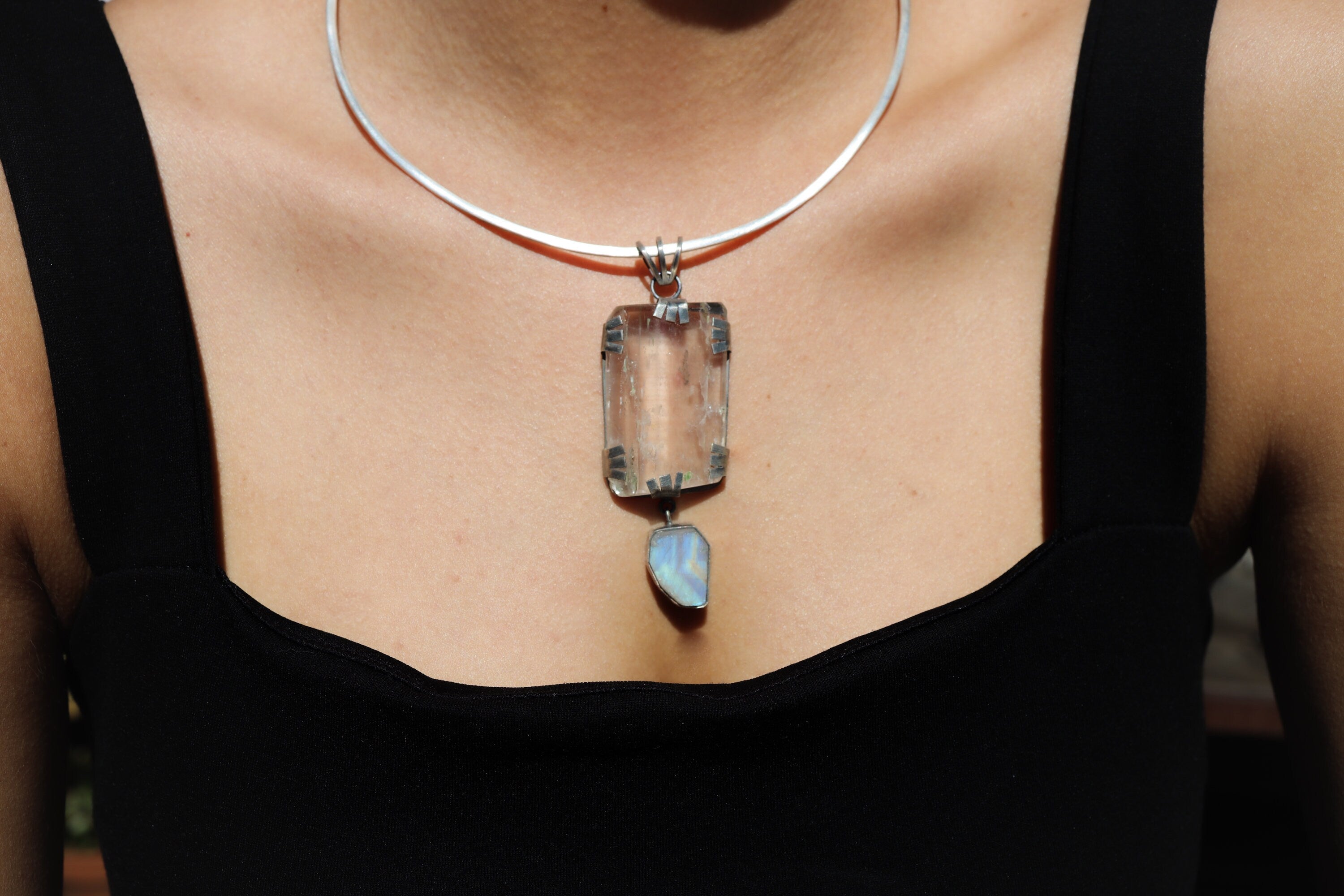 Industrial Raw Brutalist Style Pendant, Large Rainbow Inclusion Kunzite with Dangling Raw Blue Moonstone, Oxidised Hammered Sterling Silver