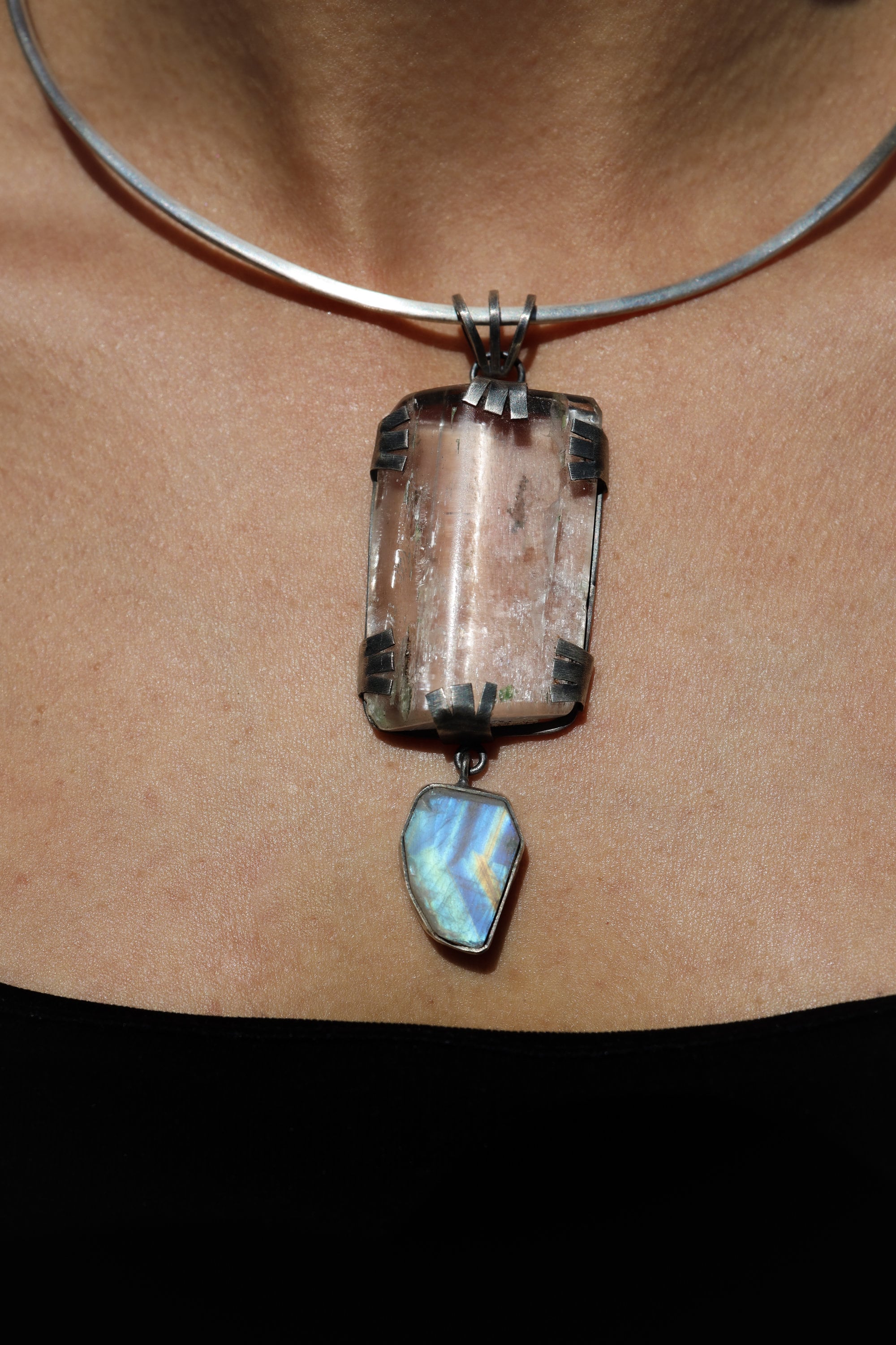 Industrial Raw Brutalist Style Pendant, Large Rainbow Inclusion Kunzite with Dangling Raw Blue Moonstone, Oxidised Hammered Sterling Silver