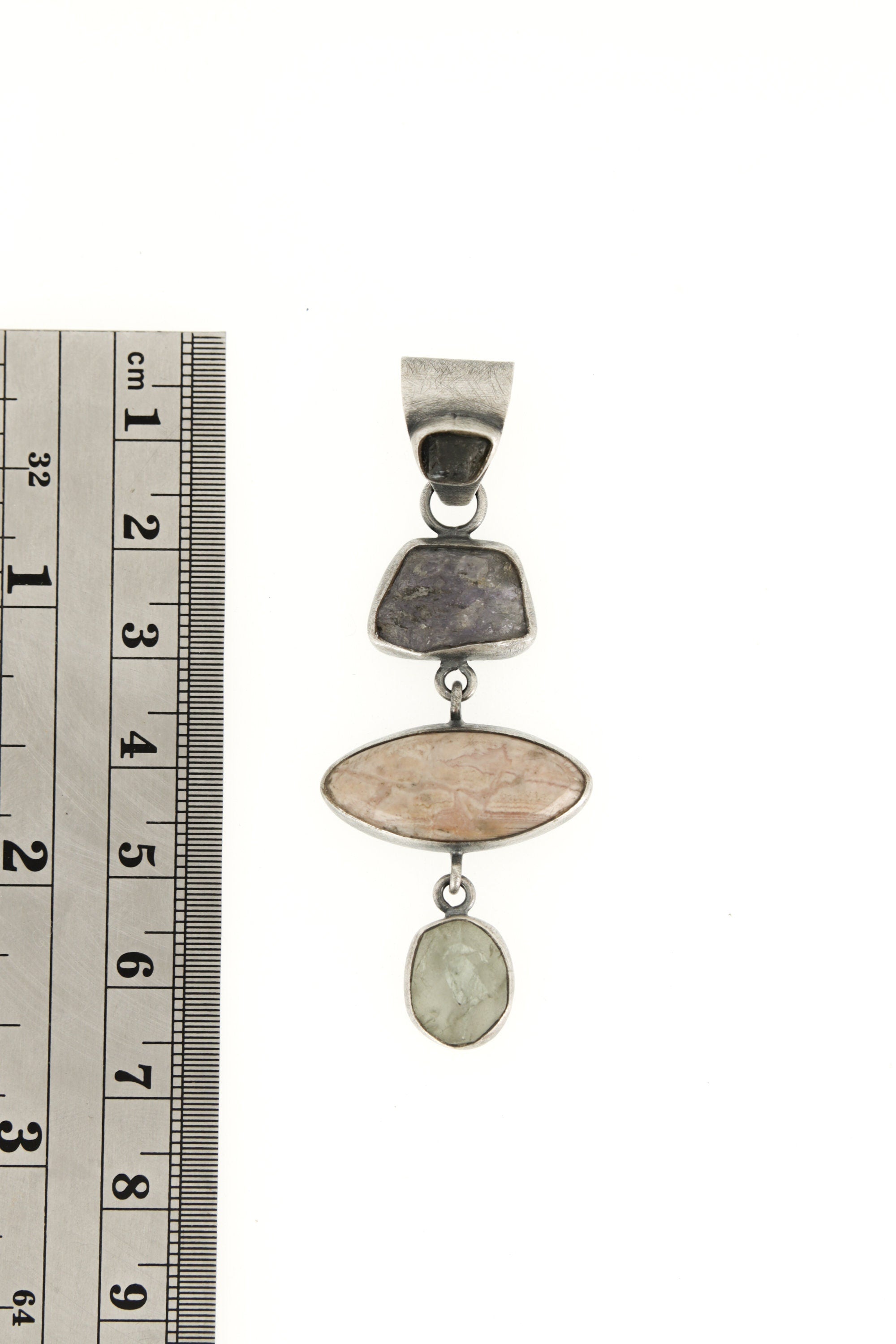 Tanzanite, Rhodochrosite, & Aquamarine Pendant, Oxidized, Brush-Textured Sterling Silver, Pisces and Aquarius Zodiac, Unique Gift