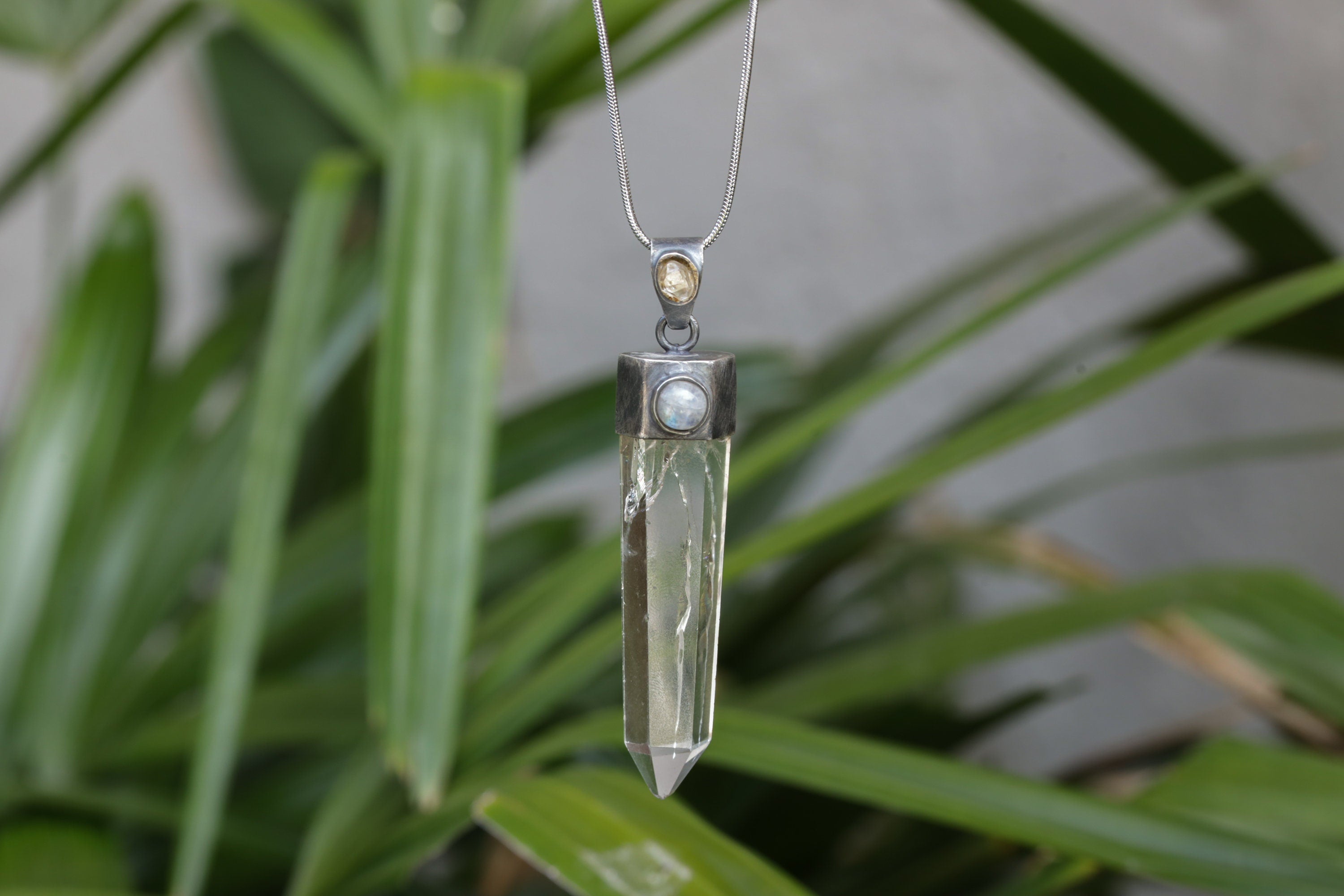 Clear Laser Quartz Generator Point Pendant with Herkimer Diamond Bail and Blue Moonstone Cap Oxidized Brush Textured Sterling Silver Charm