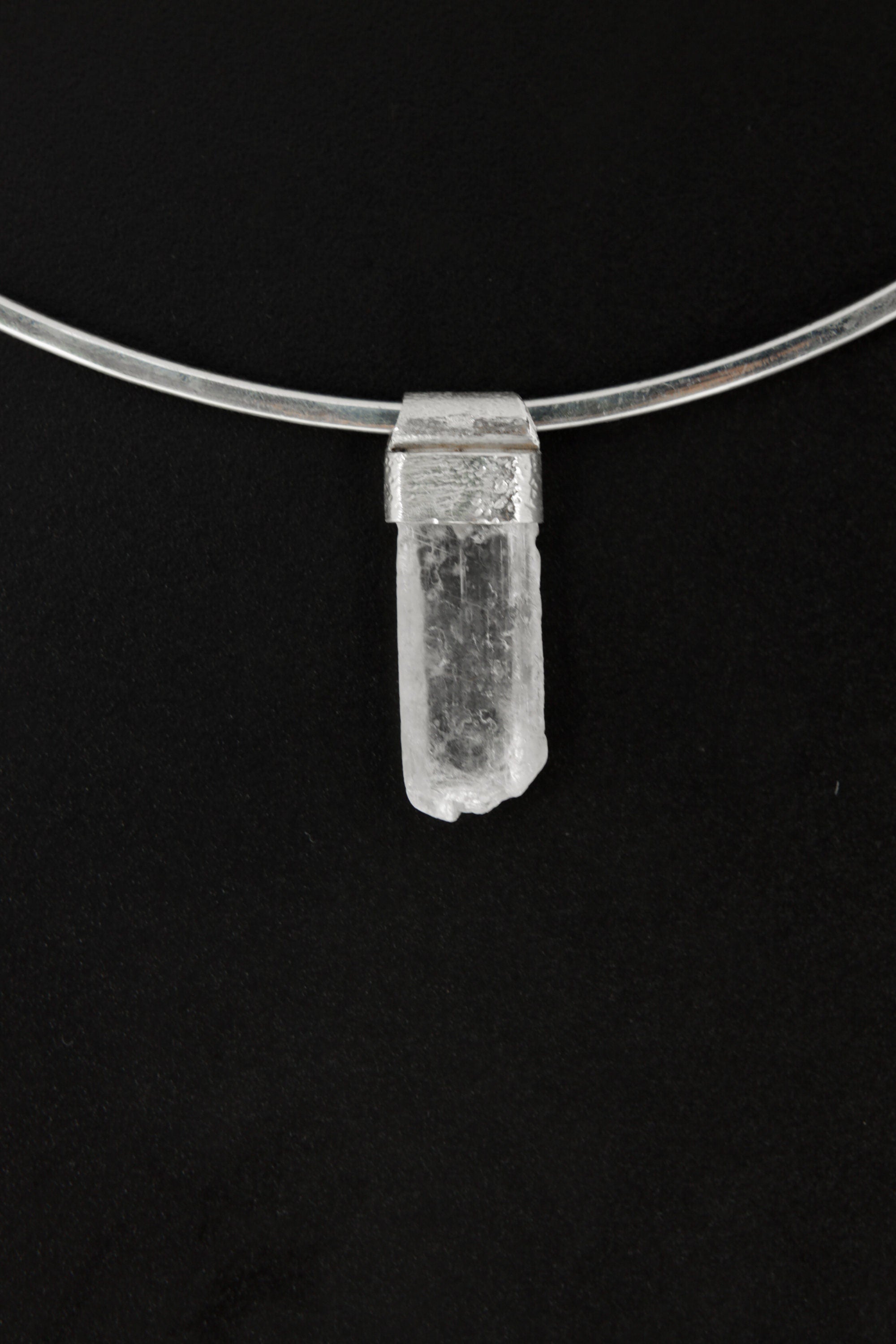 Clear Terminated Optical Selenite Stack Pendant, Organic Textured 925 Sterling Silver, Crown Chakra, Virgo Zodiac, Spiritual Clarity