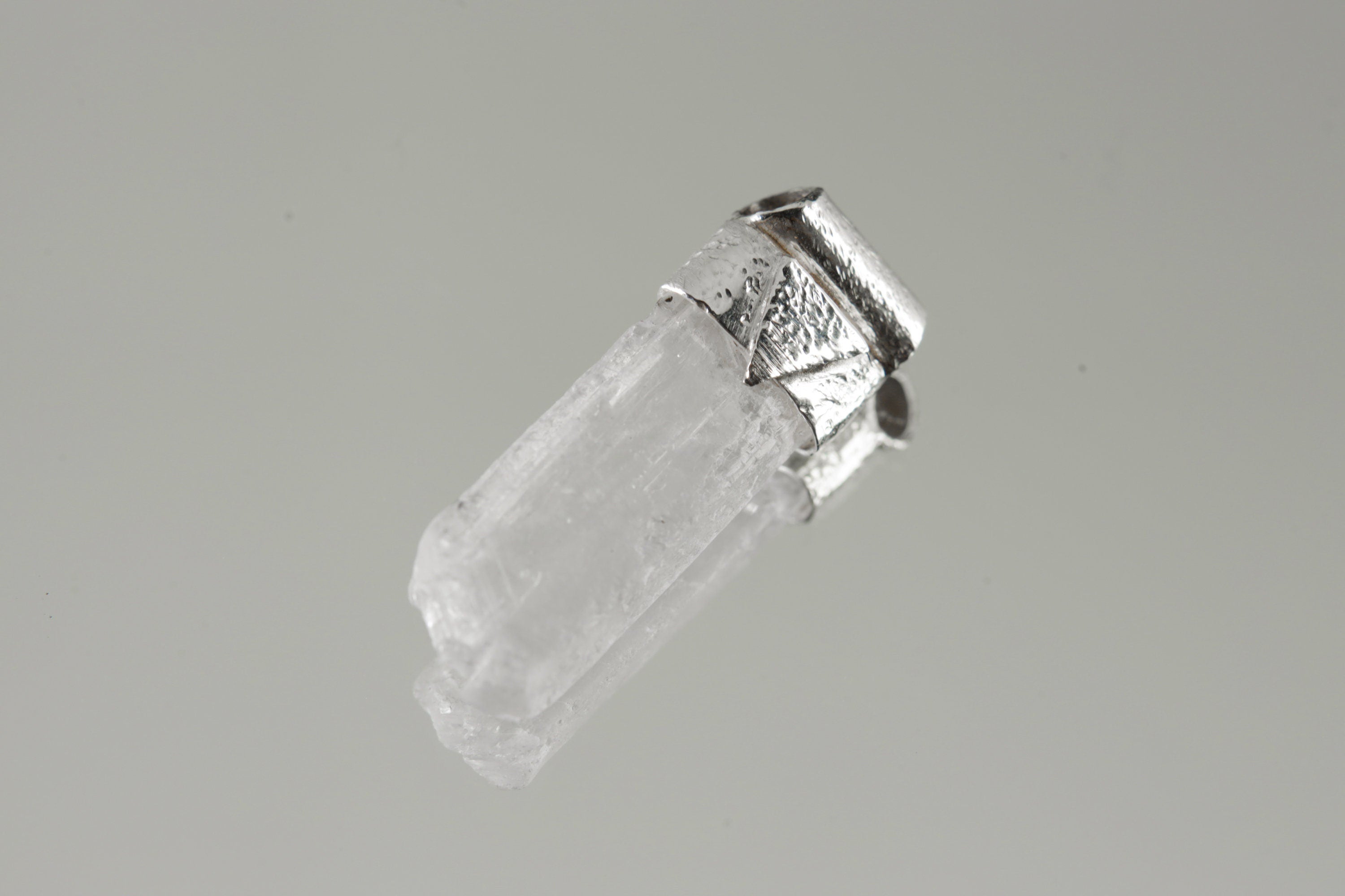 Clear Terminated Optical Selenite Stack Pendant, Organic Textured 925 Sterling Silver, Crown Chakra, Virgo Zodiac, Spiritual Clarity