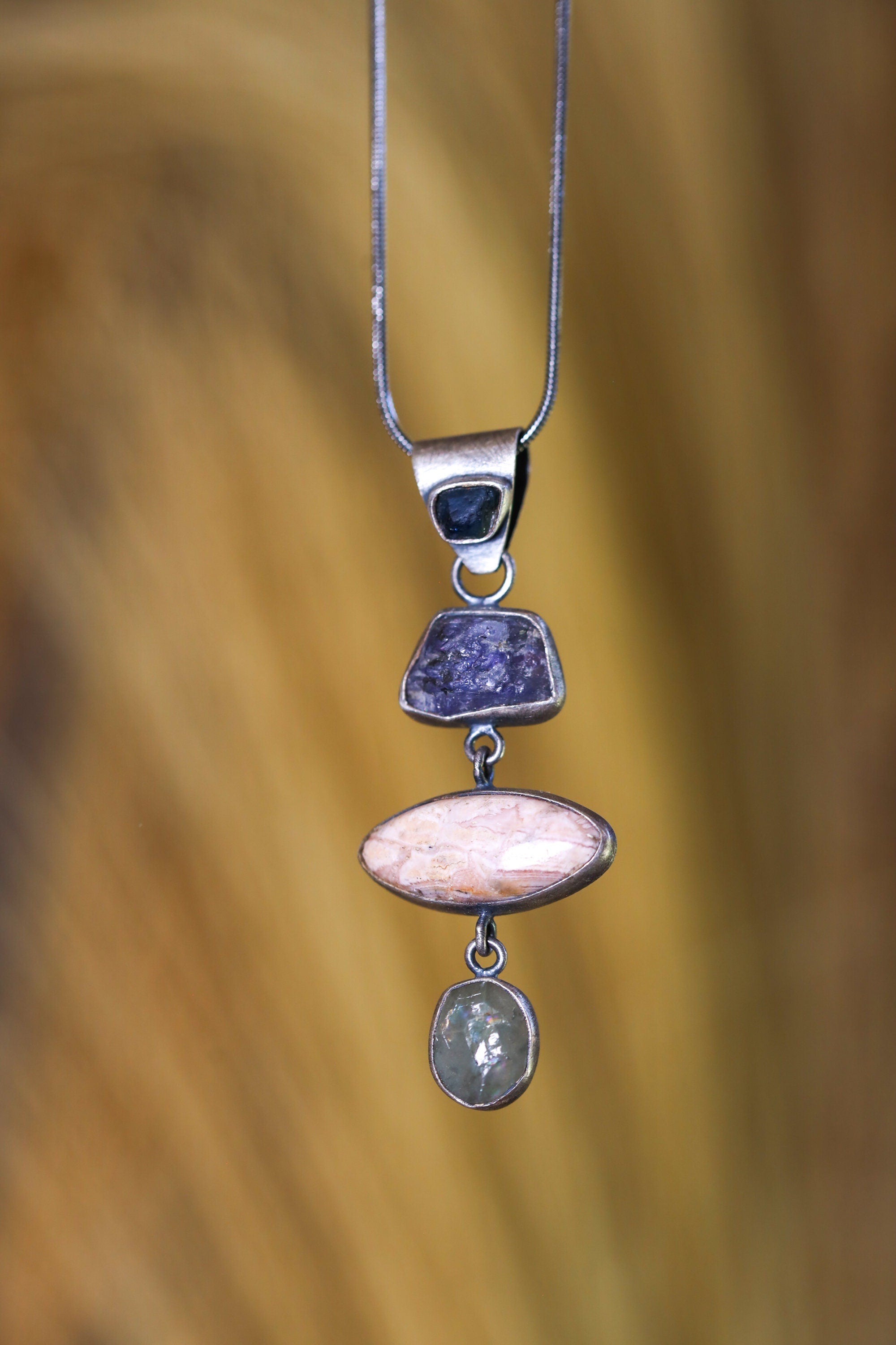 Tanzanite, Rhodochrosite, & Aquamarine Pendant, Oxidized, Brush-Textured Sterling Silver, Pisces and Aquarius Zodiac, Unique Gift