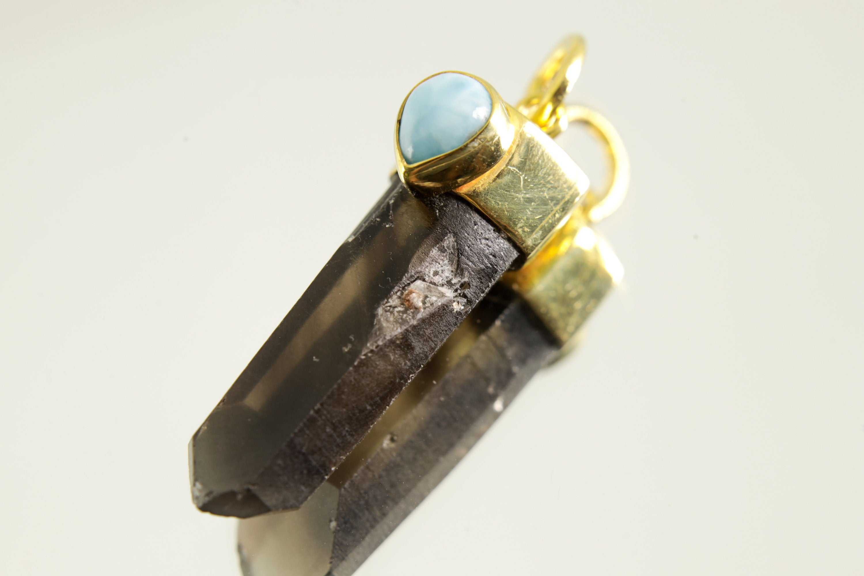 Australian Smoky Phantom Quartz Point and Teardrop Larimar Pendant, Gold-Plated Sterling Silver, Captures the Essence of the Ocean