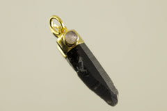 Gold-Plated Sterling Silver Pendant with Australian Smoky Phantom Quartz Point & Cat's Eye Blue Moonstone, Elegant Gemstone Jewelry