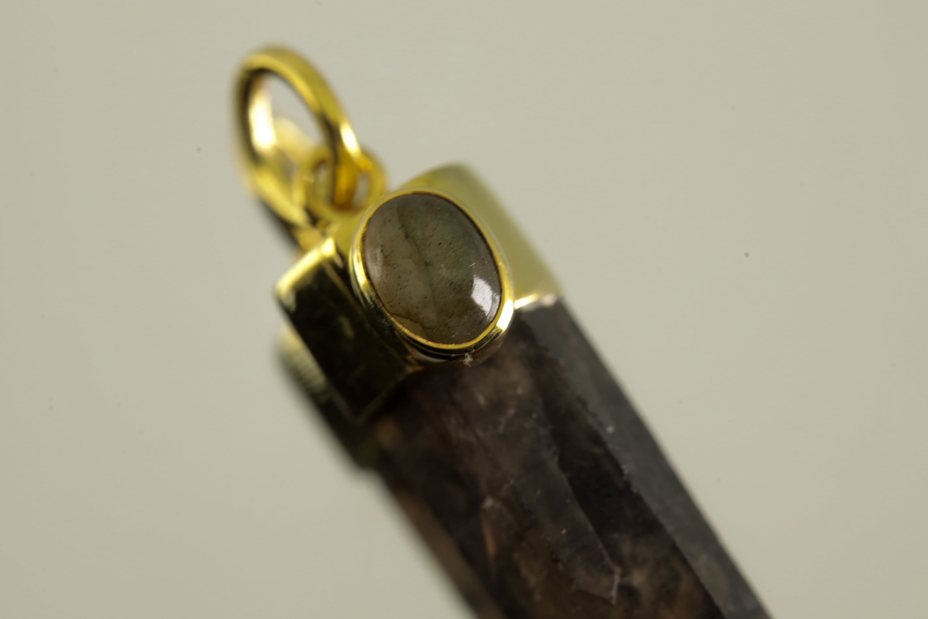 Australian Smoky Phantom Quartz Point Pendant Adorned with Oval Rainbow Labradorite in Gold-Plated Sterling Silver, Luxurious Accessory