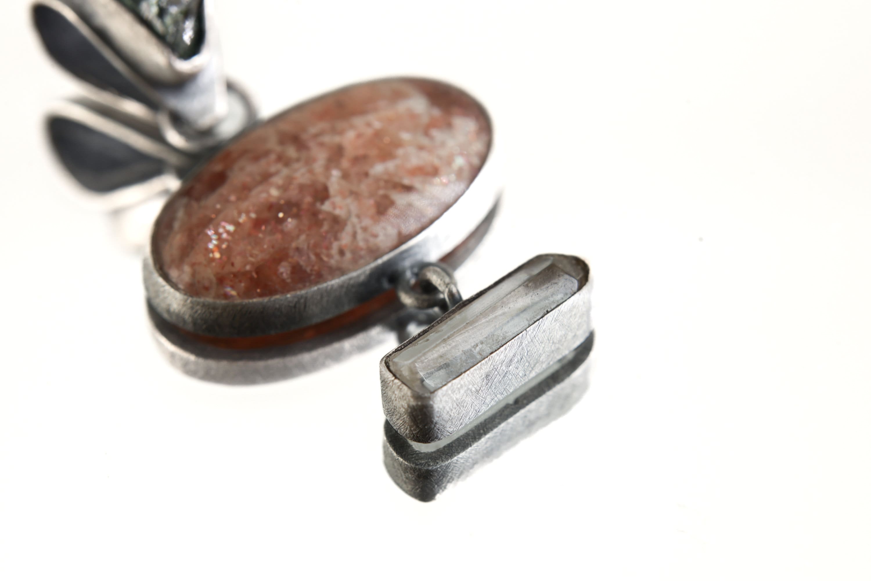 Dangle Crystal Pendant with Fossicked Australian Sapphire Bail Large Oval Sunstone, Horizontal Raw Aquamarine Oxidized Brushed Rugged Finish