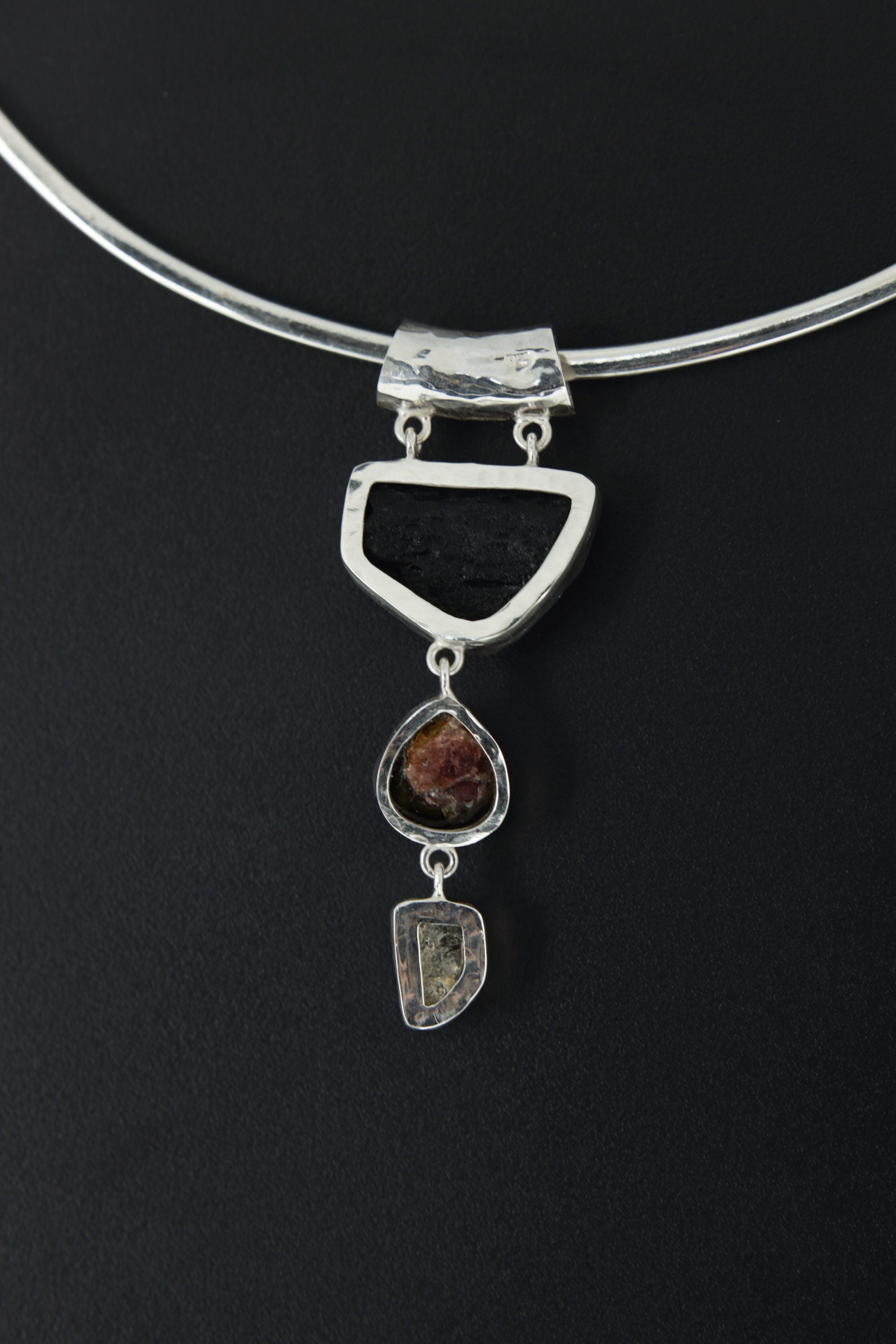 Unique Dangling Sterling Silver Pendant: Mount Darwin Tektite, Watermelon Tourmaline, Cubic Pyrite, Shiny Buffed Hammered Texture