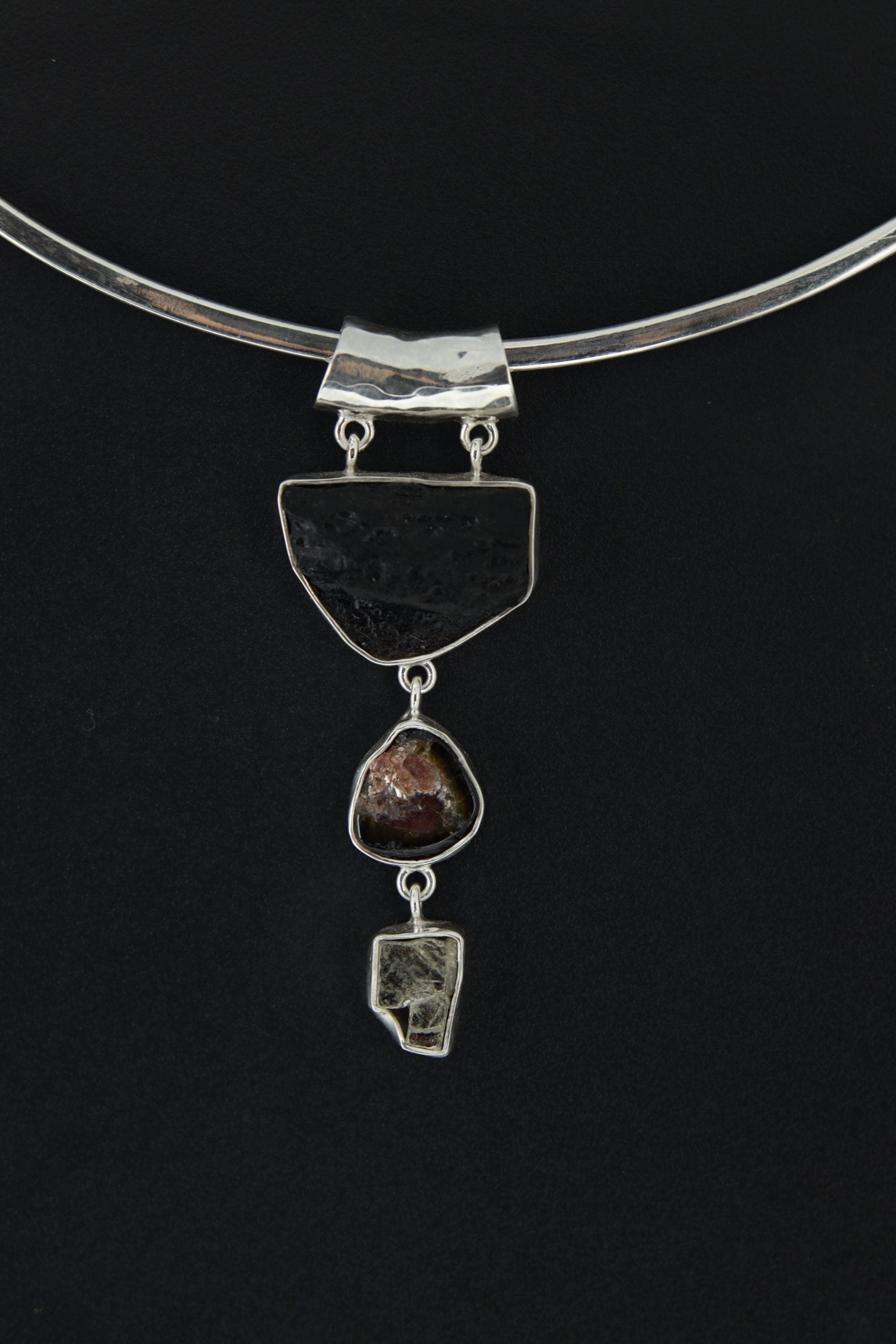 Unique Dangling Sterling Silver Pendant: Mount Darwin Tektite, Watermelon Tourmaline, Cubic Pyrite, Shiny Buffed Hammered Texture