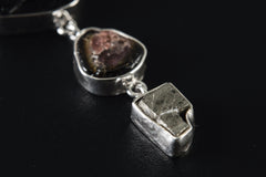 Unique Dangling Sterling Silver Pendant: Mount Darwin Tektite, Watermelon Tourmaline, Cubic Pyrite, Shiny Buffed Hammered Texture