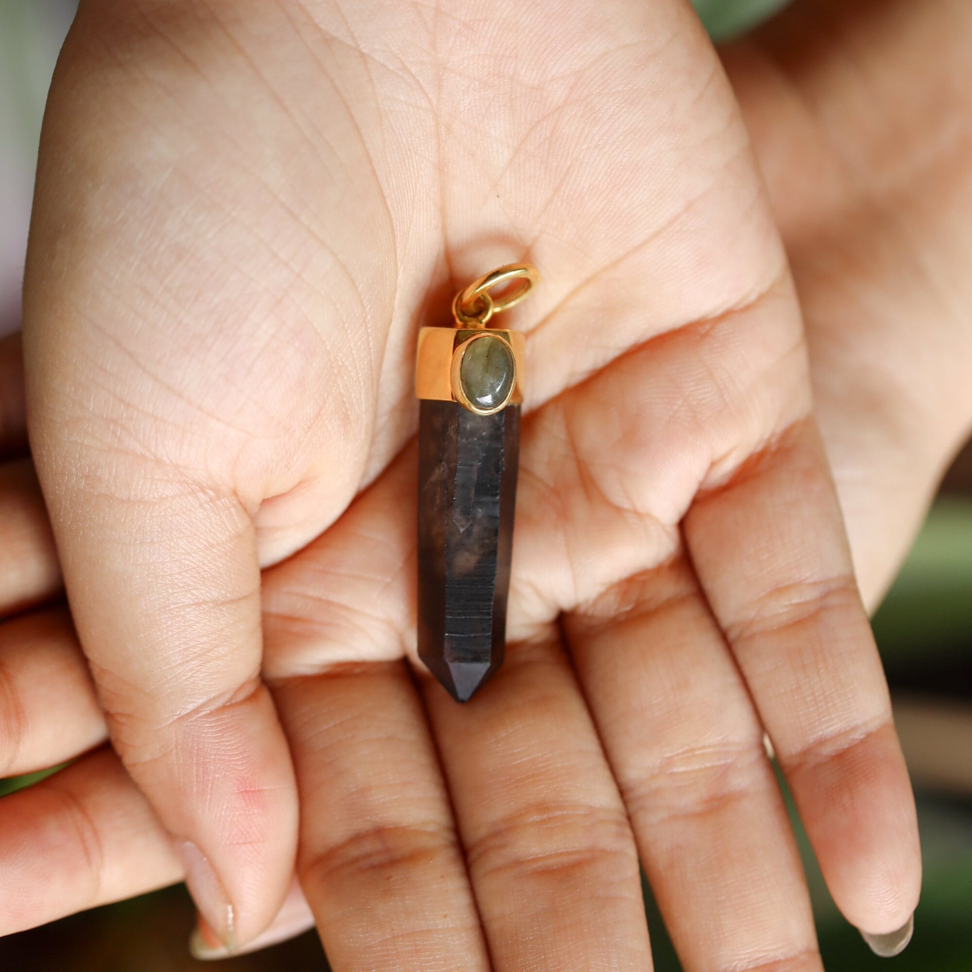 Australian Smoky Phantom Quartz Point Pendant Adorned with Oval Rainbow Labradorite in Gold-Plated Sterling Silver, Luxurious Accessory