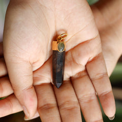 Australian Smoky Phantom Quartz Point Pendant Adorned with Oval Rainbow Labradorite in Gold-Plated Sterling Silver, Luxurious Accessory