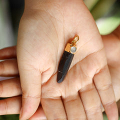 Gold-Plated Sterling Silver Pendant with Australian Smoky Phantom Quartz Point & Cat's Eye Blue Moonstone, Elegant Gemstone Jewelry