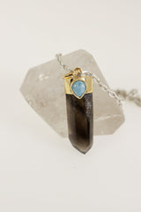 Australian Smoky Phantom Quartz Point and Teardrop Larimar Pendant, Gold-Plated Sterling Silver, Captures the Essence of the Ocean