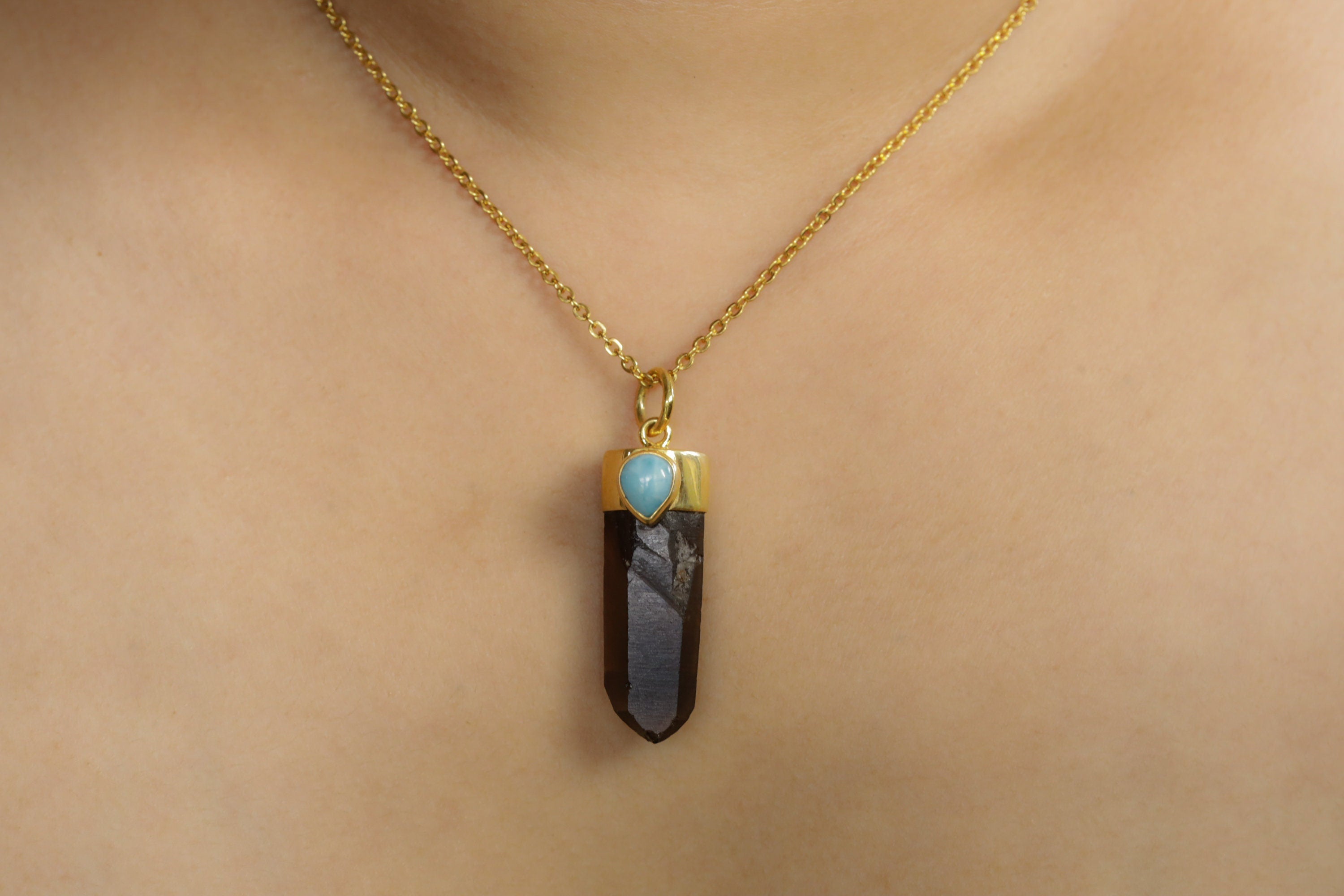 Australian Smoky Phantom Quartz Point and Teardrop Larimar Pendant, Gold-Plated Sterling Silver, Captures the Essence of the Ocean