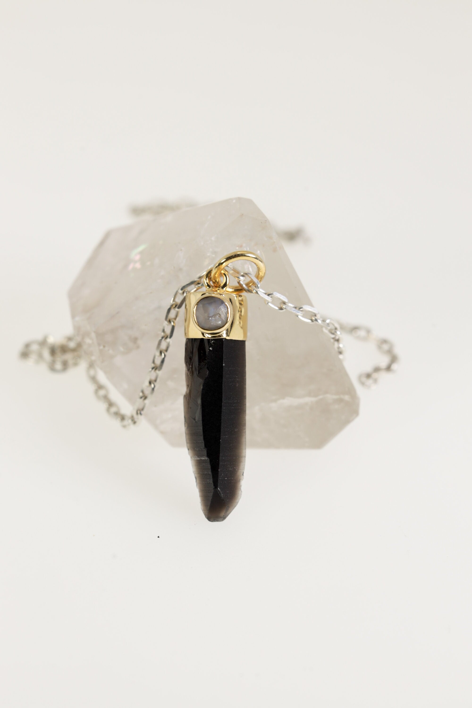 Gold-Plated Sterling Silver Pendant with Australian Smoky Phantom Quartz Point & Cat's Eye Blue Moonstone, Elegant Gemstone Jewelry