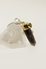 Australian Smoky Phantom Quartz Point Pendant Adorned with Oval Rainbow Labradorite in Gold-Plated Sterling Silver, Luxurious Accessory