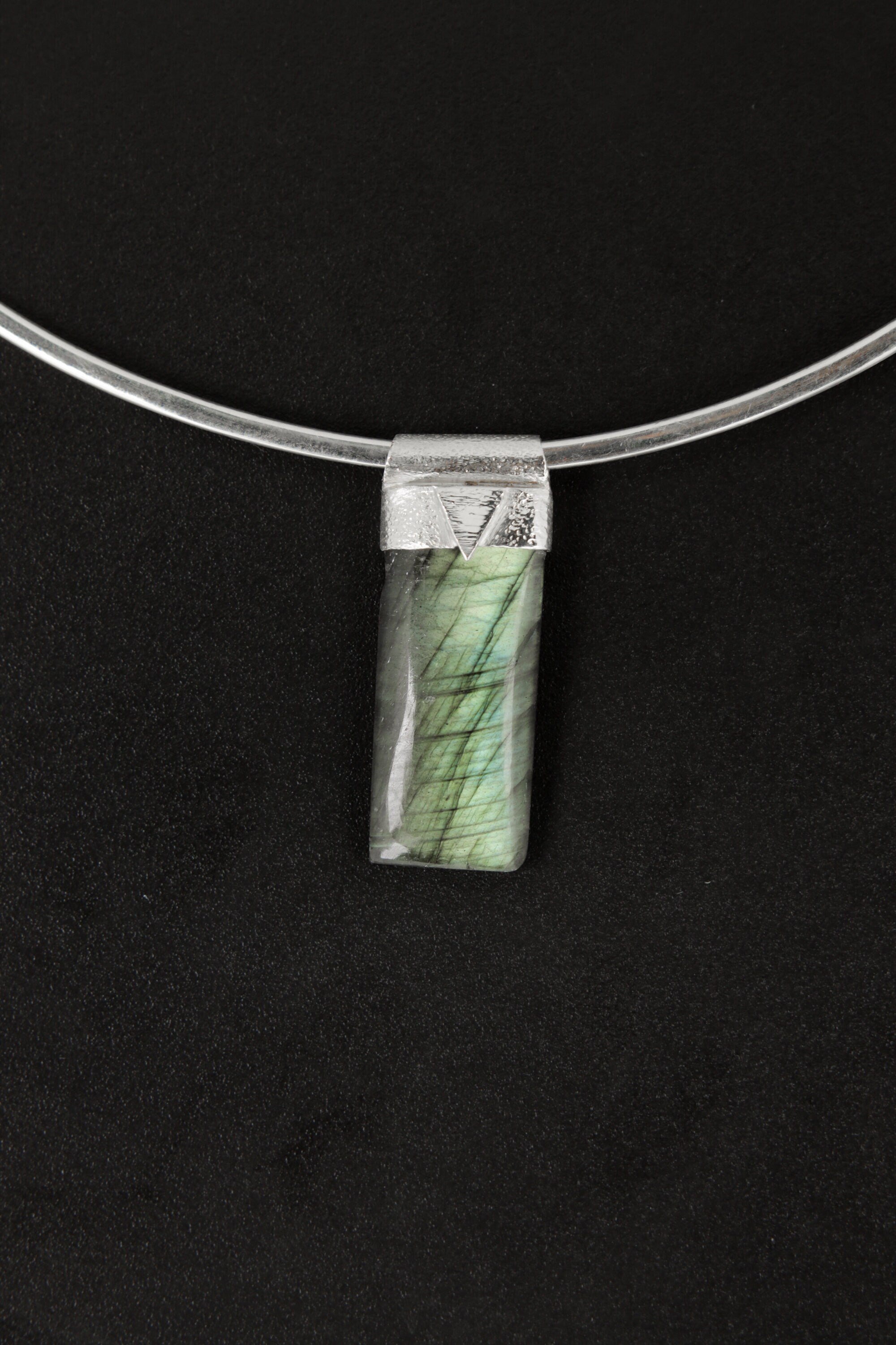 Rectangular Vibrant Blue Green Labradorite Cabochon - Stack Pendant - Organic Textured 925 Sterling Silver - Crystal Necklace