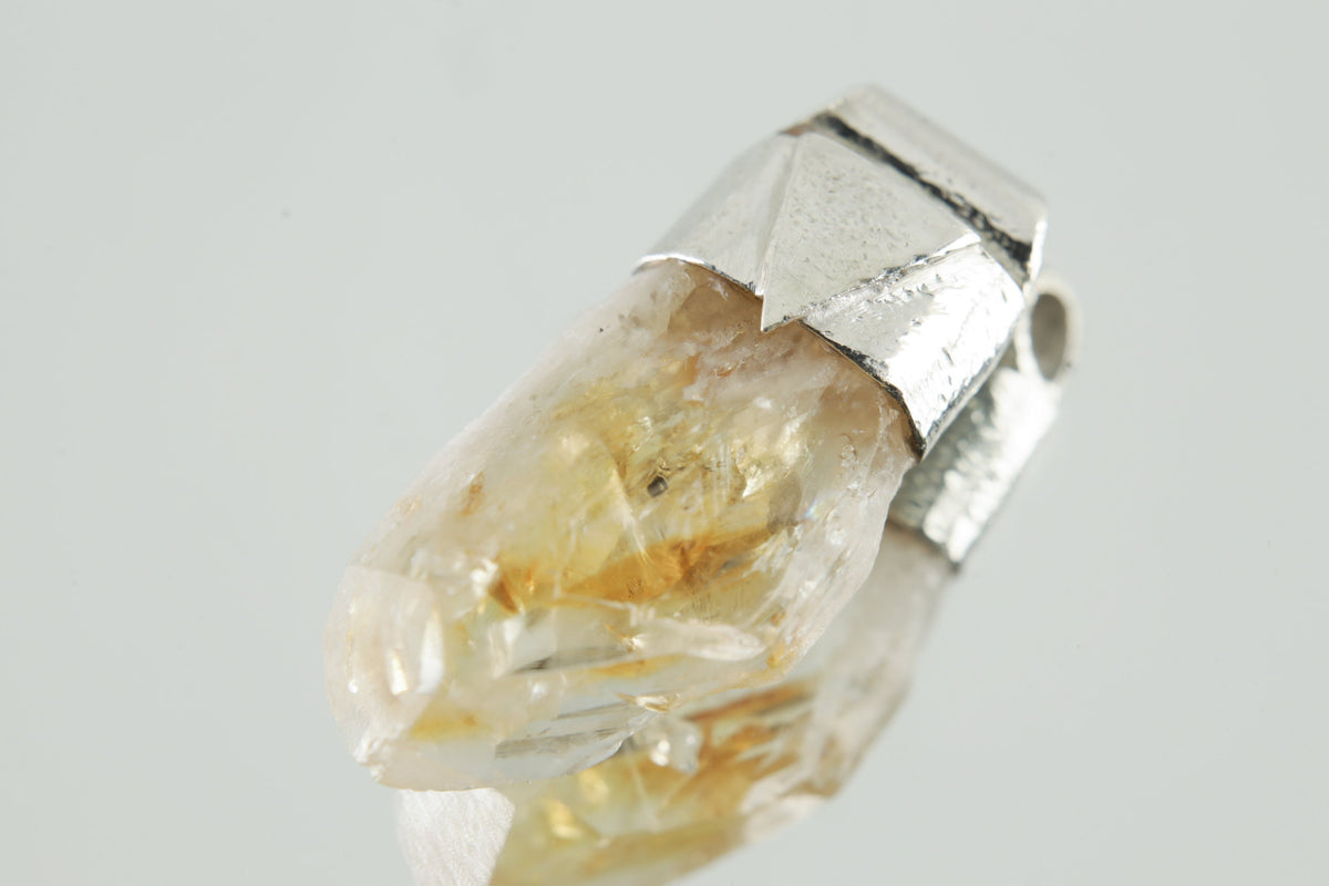 Natural Phantom Citrine Quartz Point Stack Pendant,Organic Textured 925 Sterling Silver,Solar Plexus Chakra, Leo Zodiac, Unique Gift - NO/01