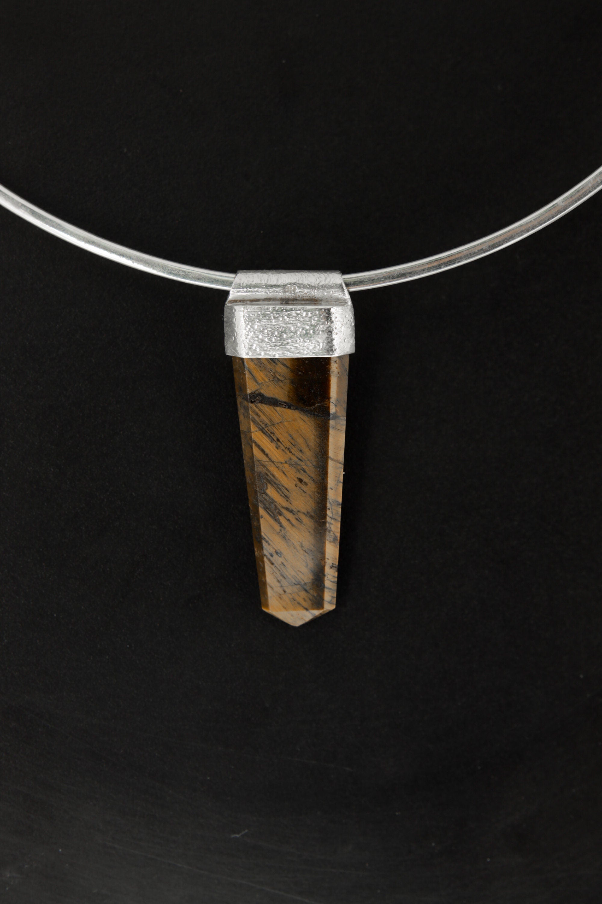 Obelisk Cut Tiger Eye Point Stack Pendant, Organic Textured Sterling Silver, Solar Plexus Chakra, Leo, Confidence, Protection, Unique Gift