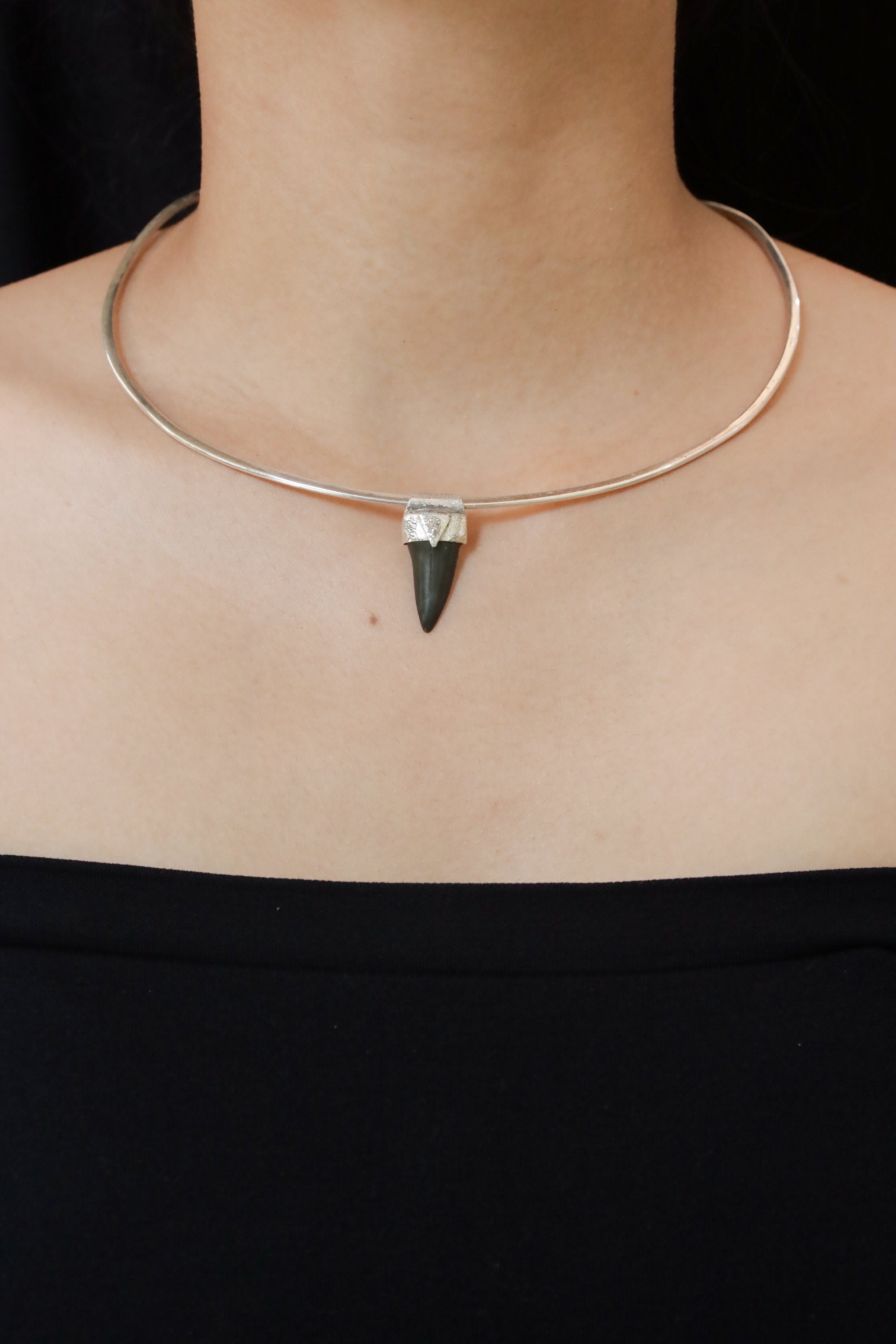 Small Megalodon Fossil Tooth - Stack Pendant - Organic Textured 925 Sterling Silver - Crystal Necklace - NO/01