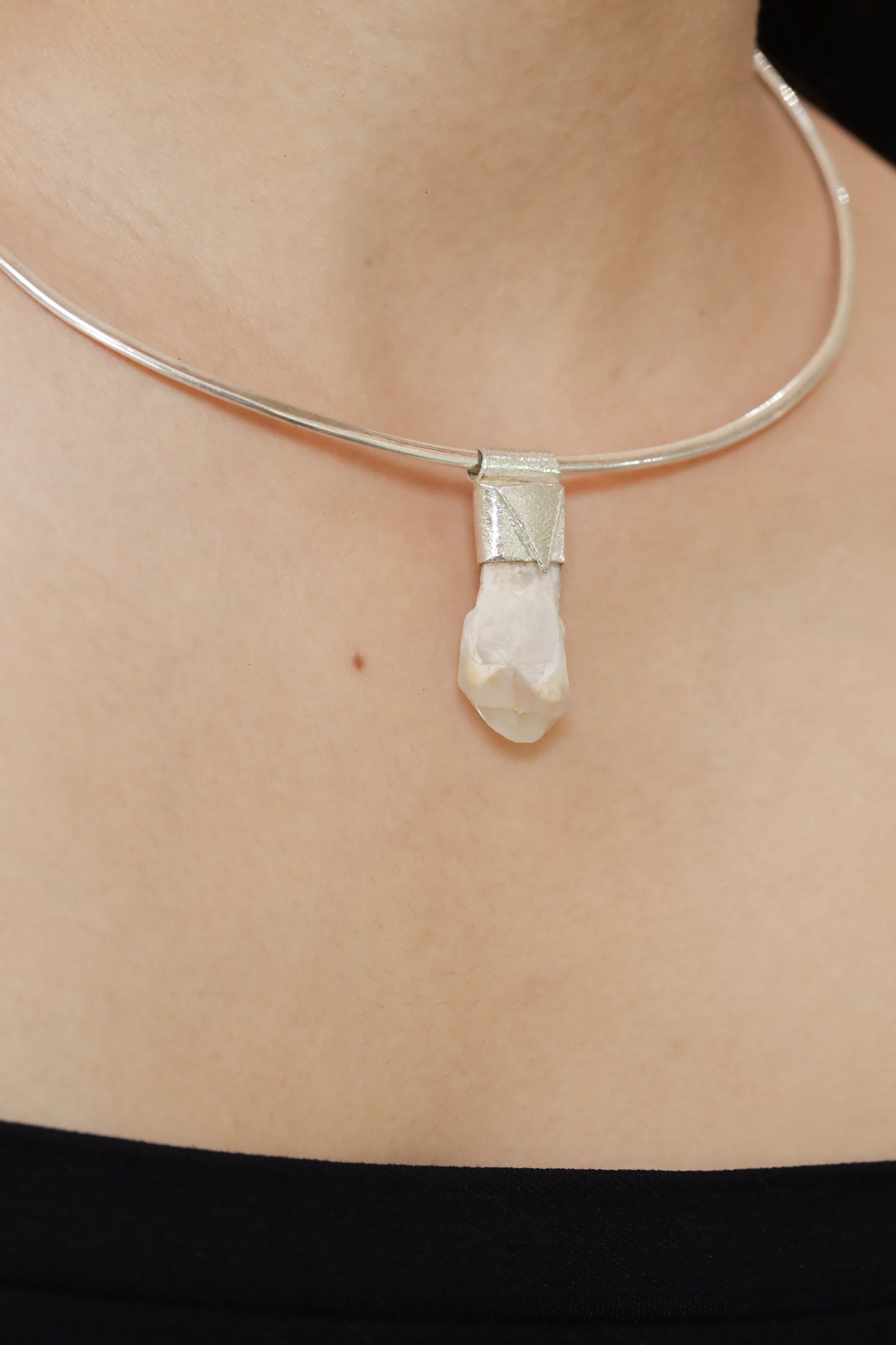 Australian Drusy White Phantom Quartz Point Stack Pendant, Organic Textured 925 Sterling Silver, Crown Chakra, Capricorn Zodiac, Unique Gift