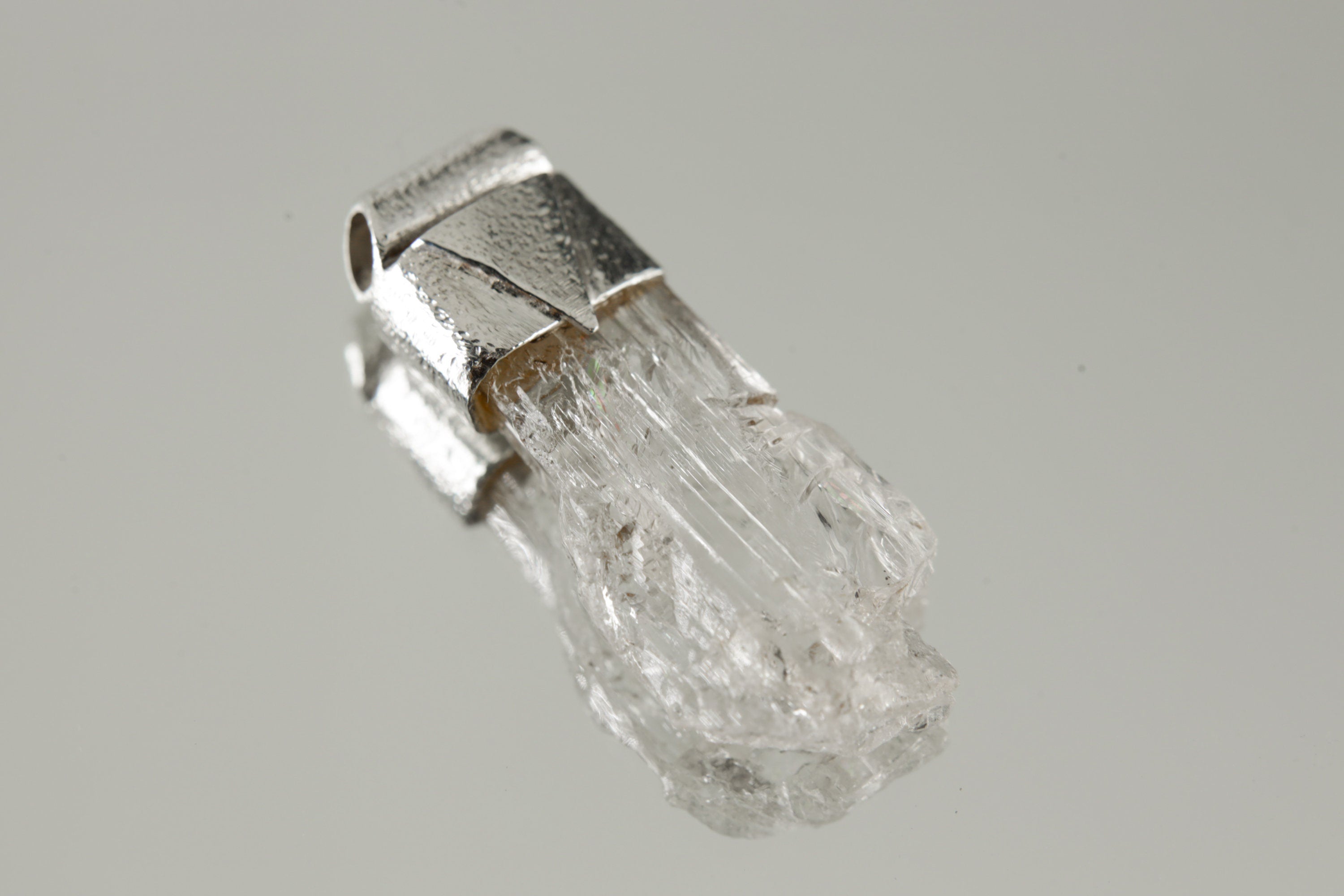 Naturally Clear Spodumene Slice - Stack Pendant - Organic Textured 925 Sterling Silver - Crystal Necklace