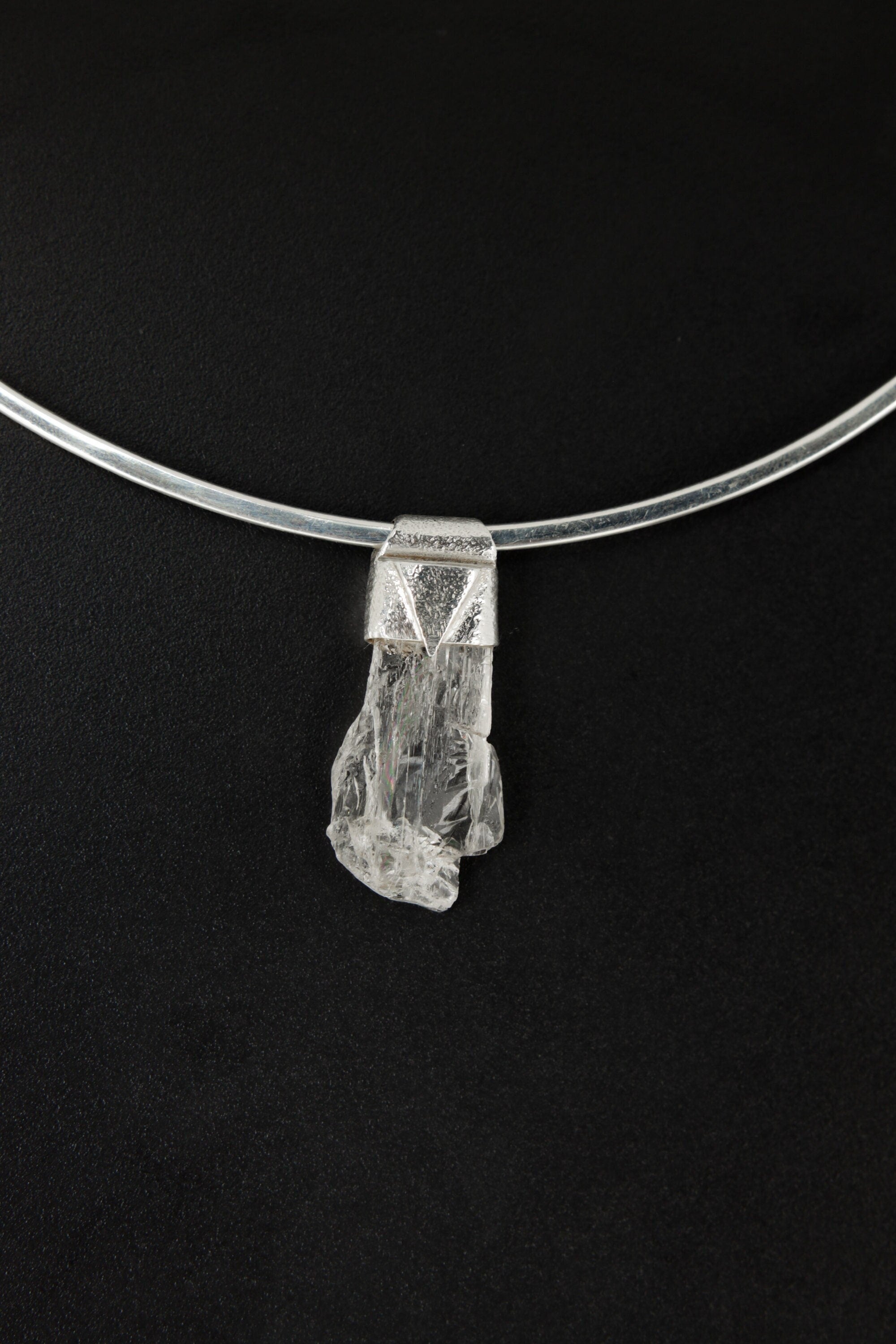 Naturally Clear Spodumene Slice - Stack Pendant - Organic Textured 925 Sterling Silver - Crystal Necklace