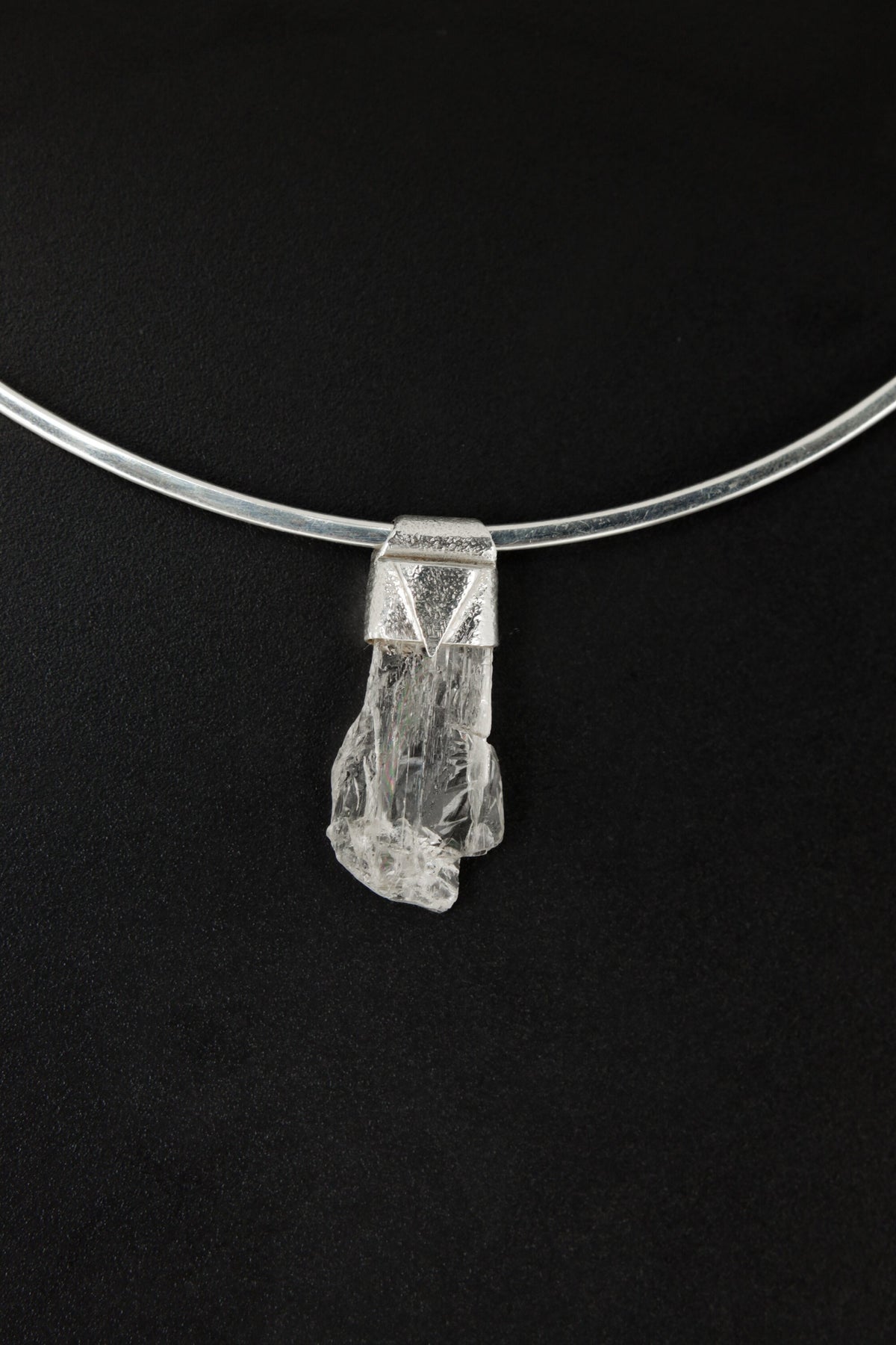 Naturally Clear Spodumene Slice - Stack Pendant - Organic Textured 925 Sterling Silver - Crystal Necklace