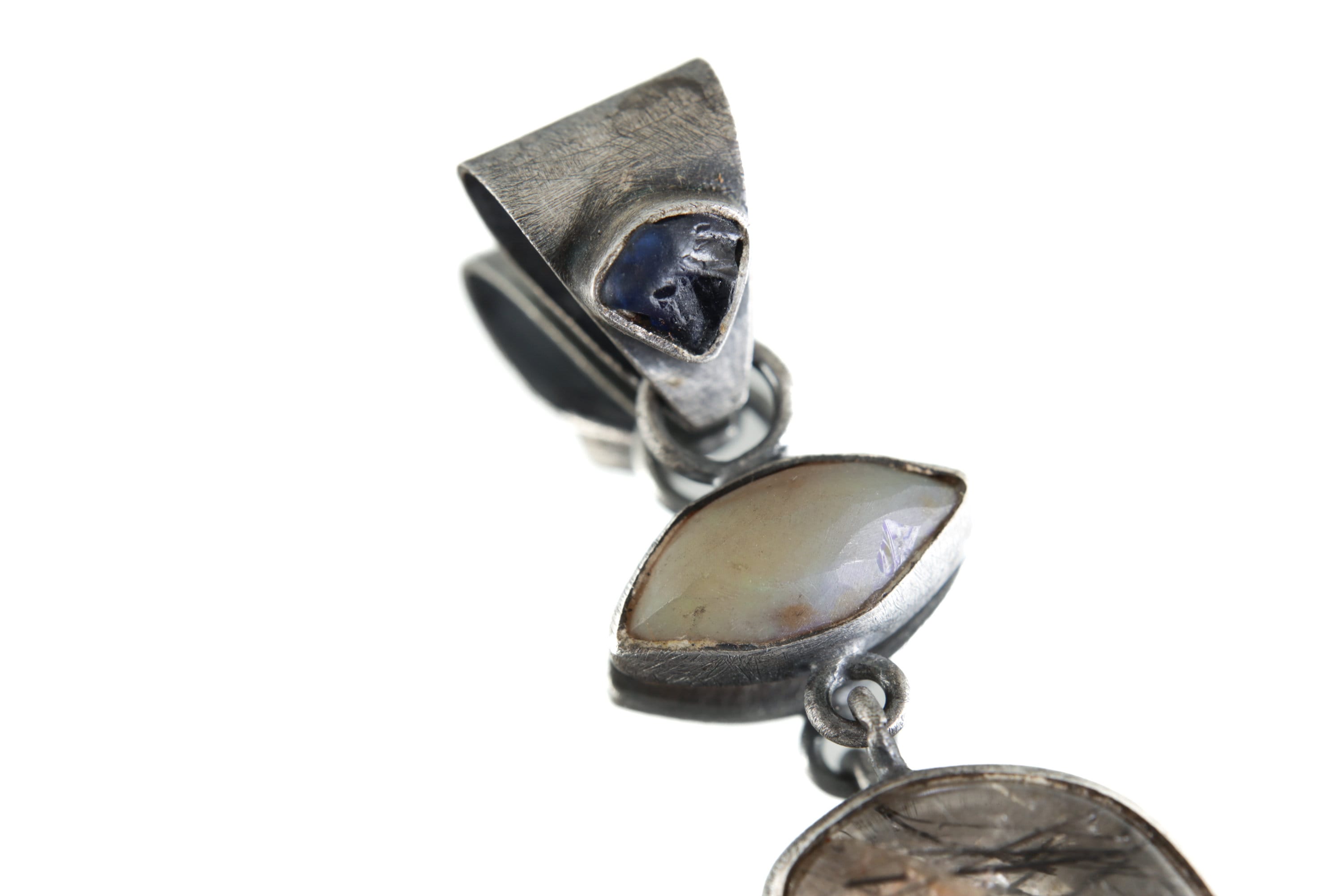 Oxidized Sterling Silver Pendant Eye Shape Ethiopian Opal Australian Sapphire, Black Rutile Quartz Brush Textured, Aged Look Dangling Charm