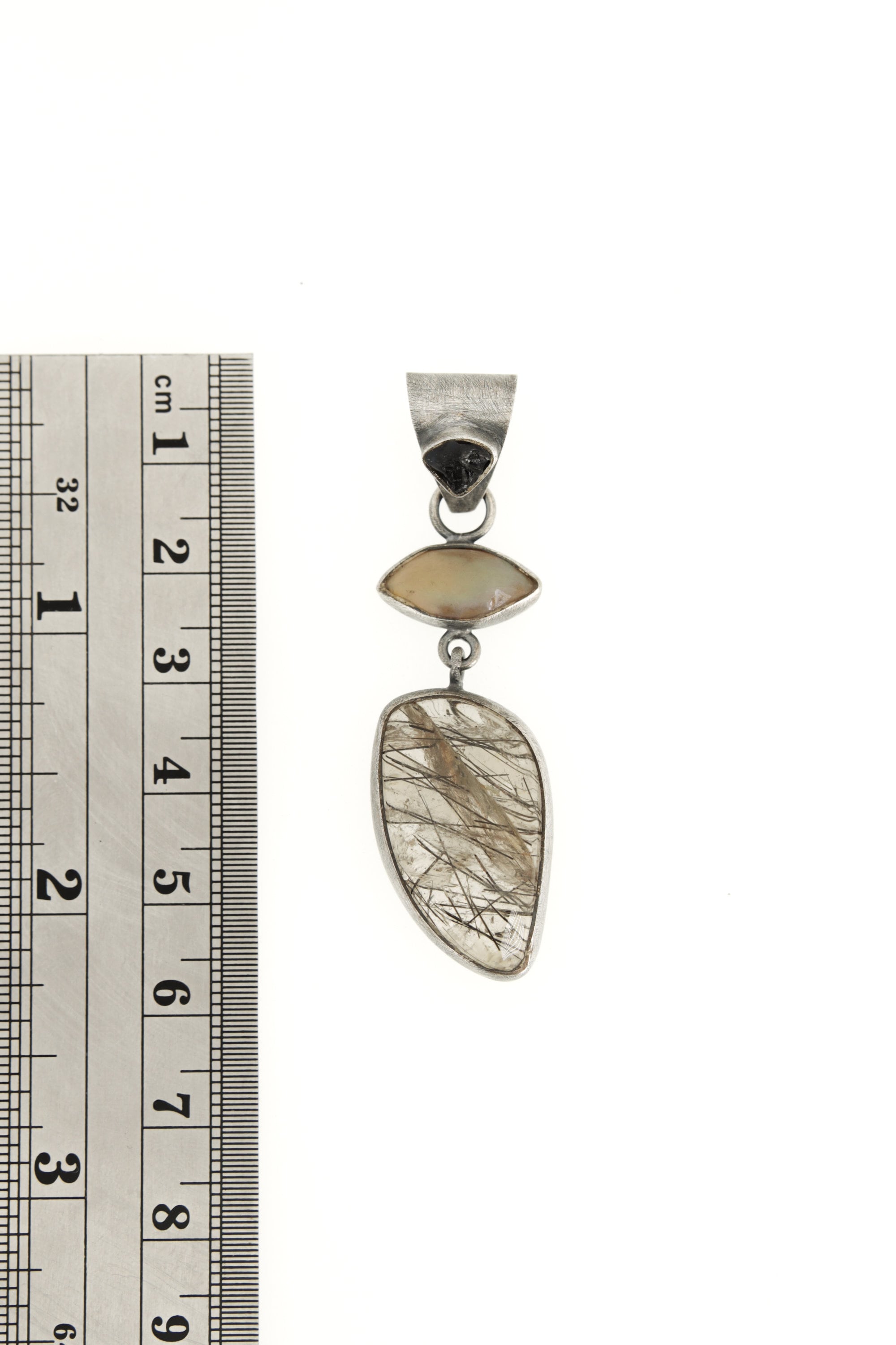 Oxidized Sterling Silver Pendant Eye Shape Ethiopian Opal Australian Sapphire, Black Rutile Quartz Brush Textured, Aged Look Dangling Charm