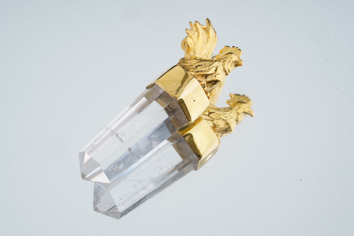 Golden Rooster Quartz Talisman with Clear Cut Generator Quartz Point - Sterling Silver -Rooster Brass cast Talisman - Crystal Pendant