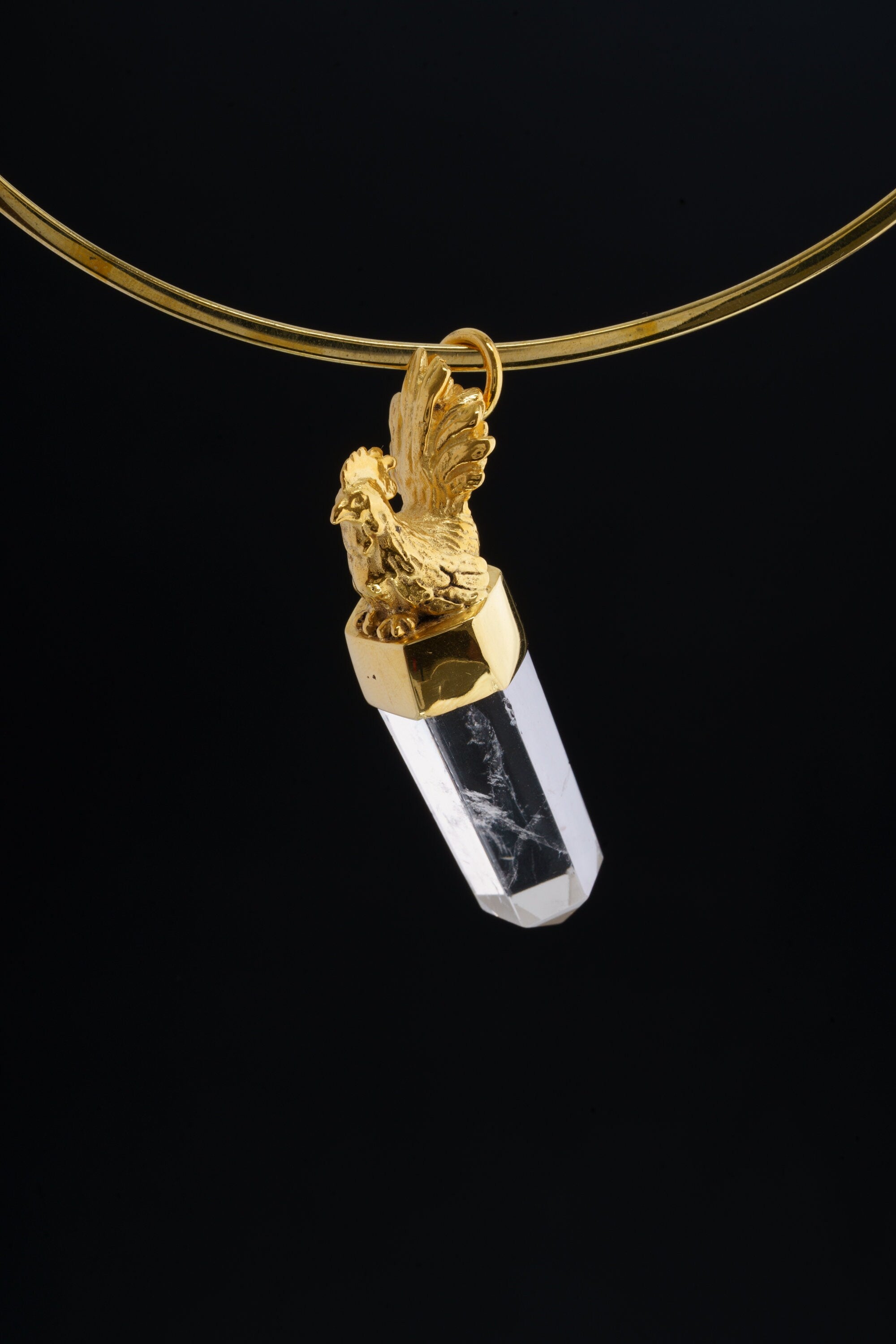 Golden Rooster Quartz Talisman with Clear Cut Generator Quartz Point - Sterling Silver -Rooster Brass cast Talisman - Crystal Pendant