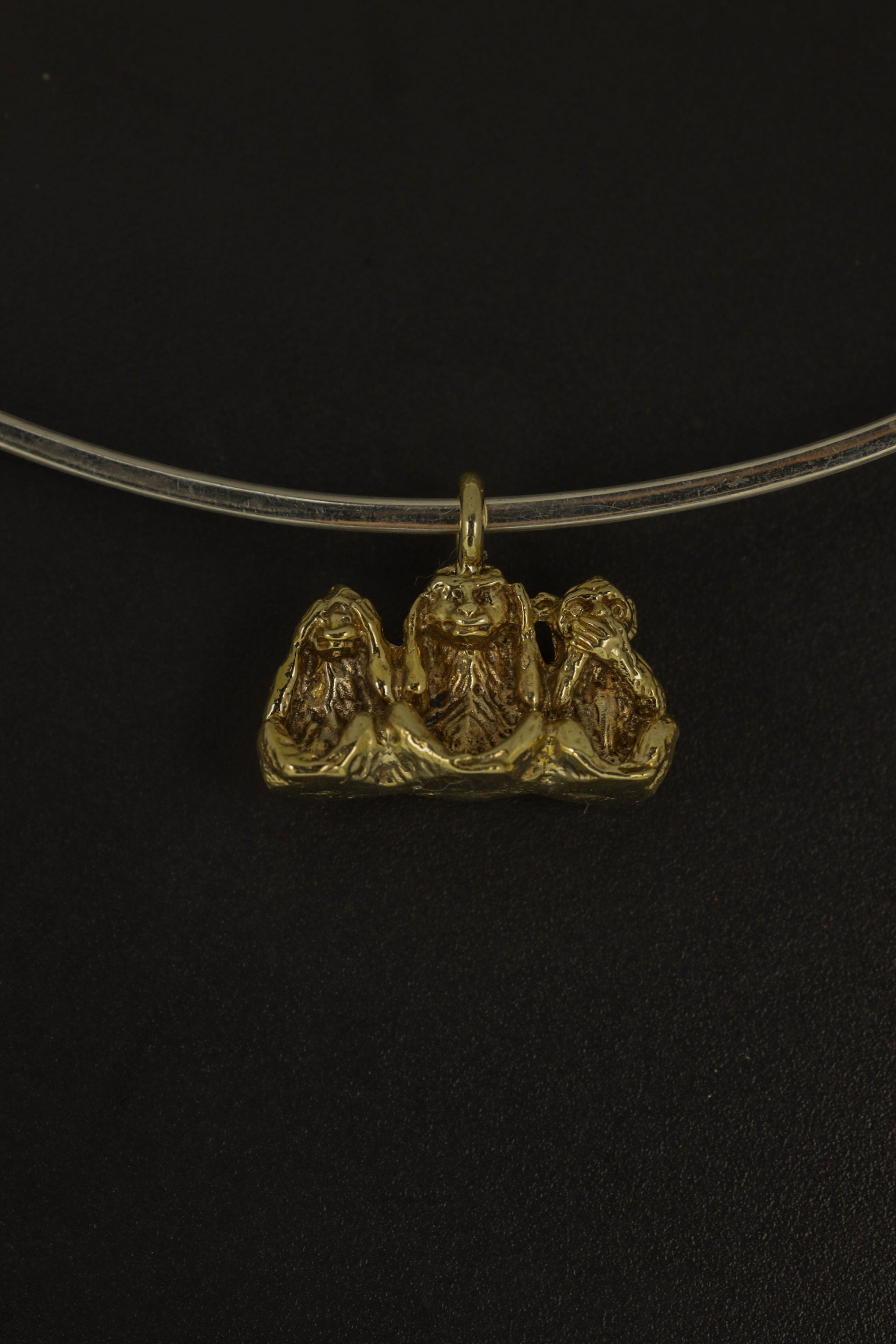 TriSage Simians Cast Pendant Necklace, Three Monkey Talisman in Gold Plated Brass cast, Embodying See Hear Do No Evil, Spiritual Charm Cast