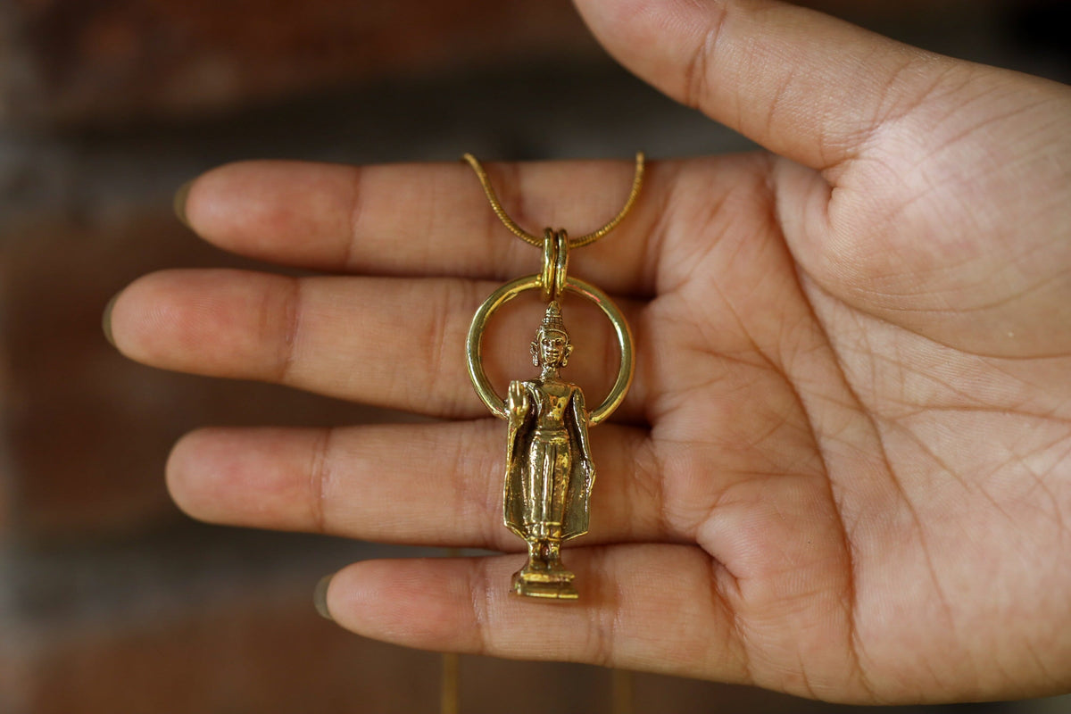 Gold Plated Brass Buddhist Pendant Necklace with Blessing Aura Verdana Buddha Talisman, Spiritual Charm for Enlightenment