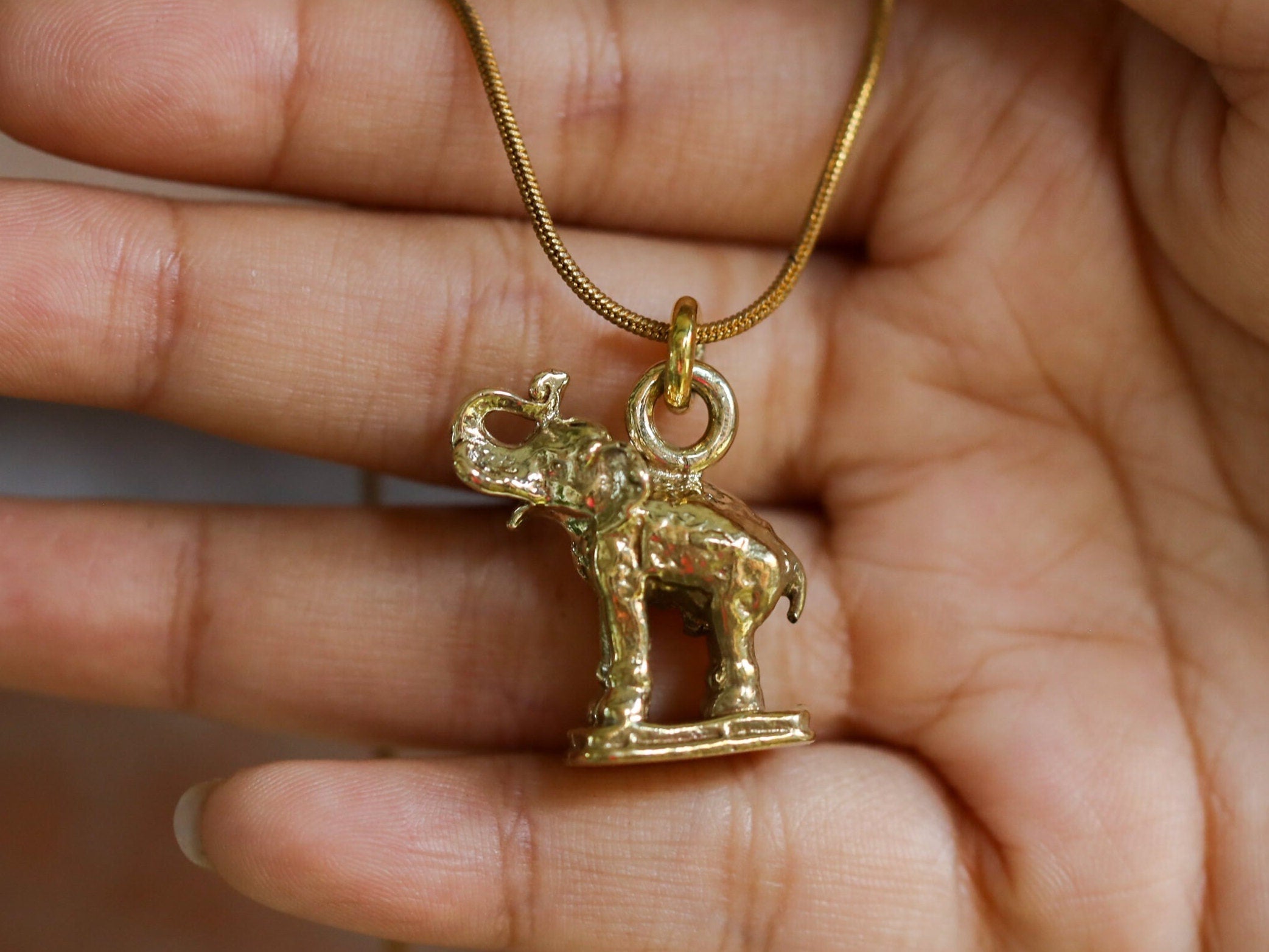 Aurelian Tusker Elephant Amulet, Gold Plated Brass Cast Charm, Animal Pendant Necklace, Spiritual Talisman for Protection and Wisdom