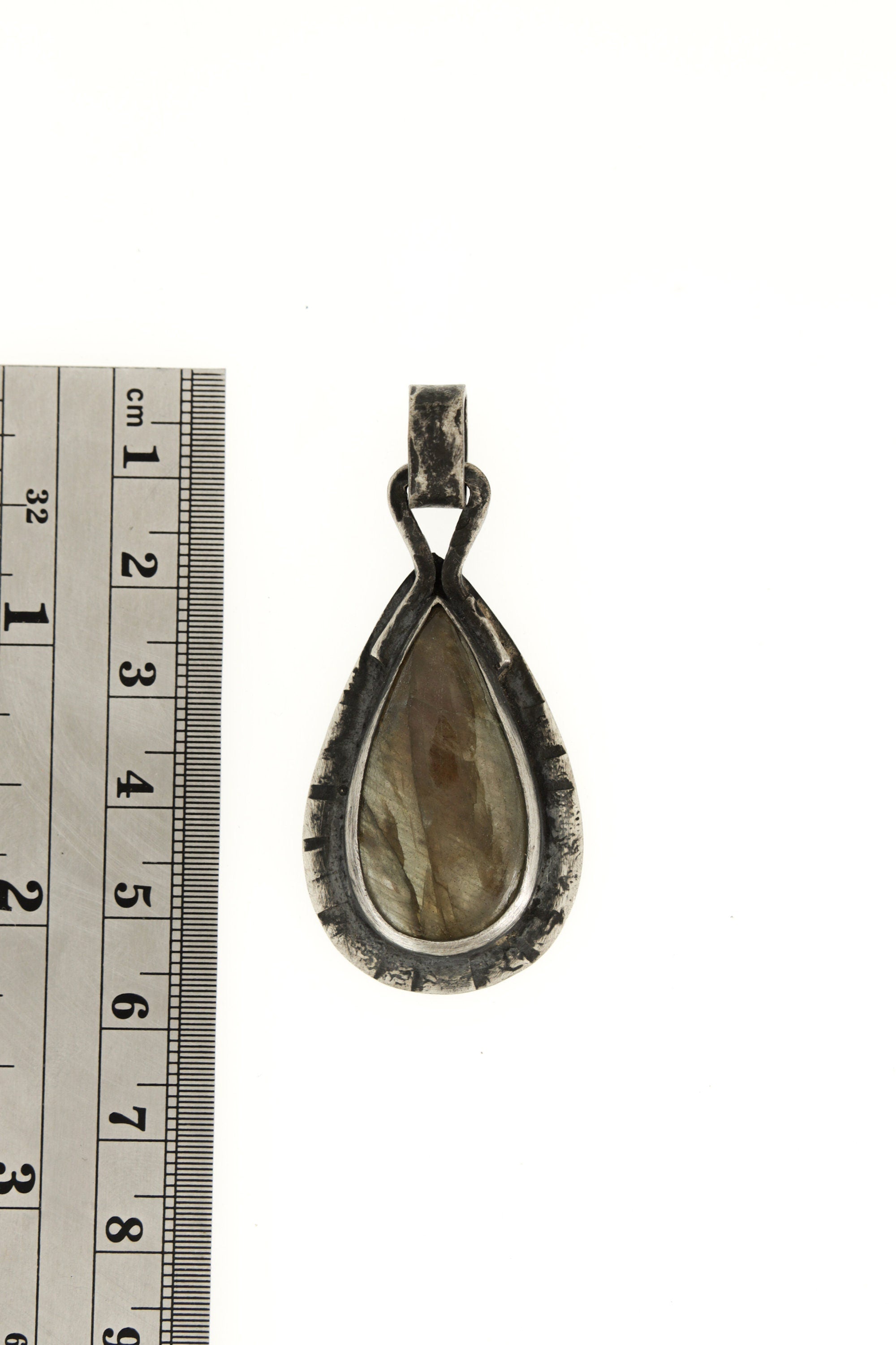 Rainbow Labradorite Teardrop Pendant in 925 Sterling Silver, Tribal Charm with Rustic Textured & Oxidised Finish, Bohemian Crystal Necklace