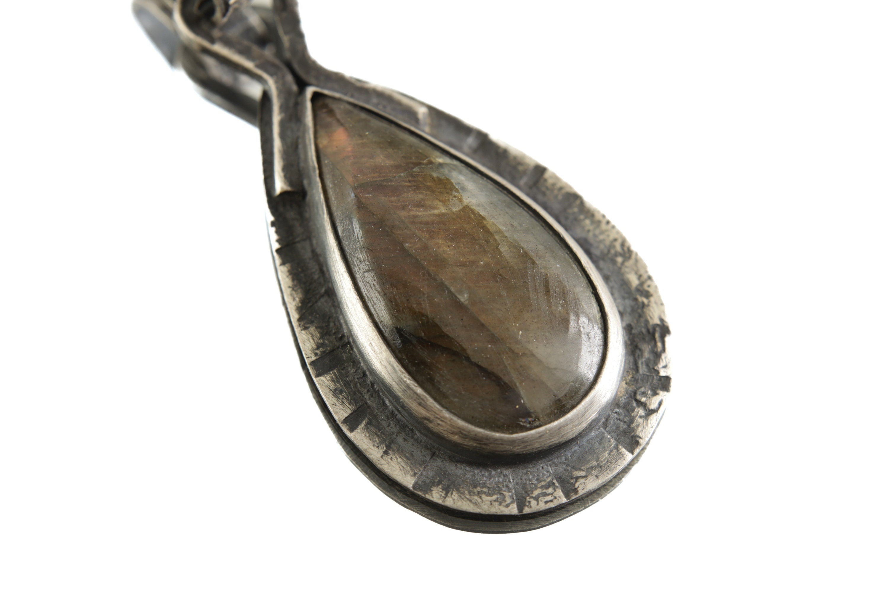 Rainbow Labradorite Teardrop Pendant in 925 Sterling Silver, Tribal Charm with Rustic Textured & Oxidised Finish, Bohemian Crystal Necklace