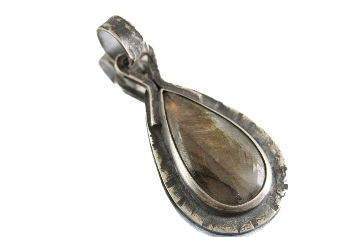 Rainbow Labradorite Teardrop Pendant in 925 Sterling Silver, Tribal Charm with Rustic Textured & Oxidised Finish, Bohemian Crystal Necklace