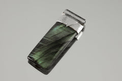 Rectangular Vibrant Blue Green Labradorite Cabochon - Stack Pendant - Organic Textured 925 Sterling Silver - Crystal Necklace