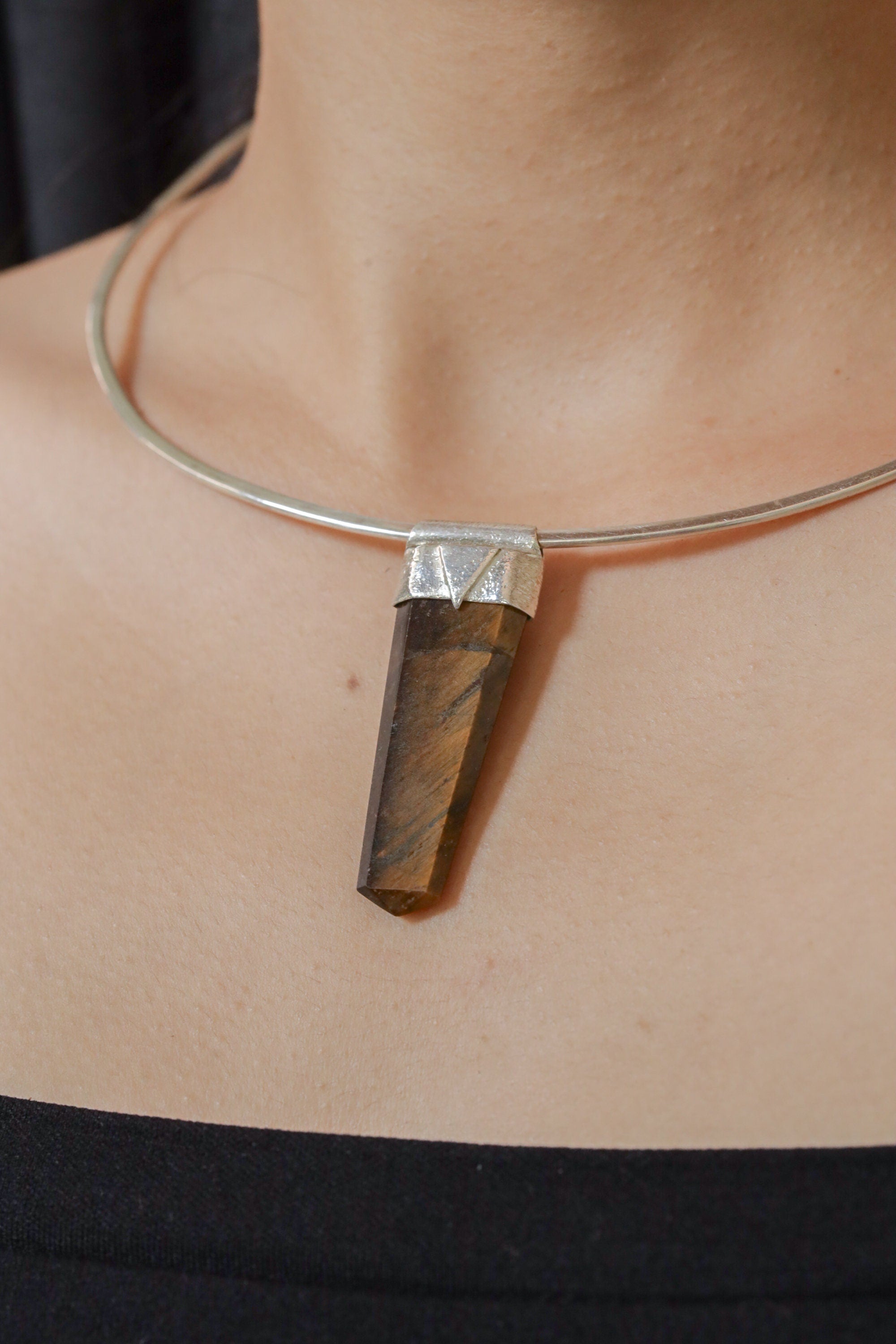 Obelisk Cut Tiger Eye Point Stack Pendant, Organic Textured Sterling Silver, Solar Plexus Chakra, Leo, Confidence, Protection, Unique Gift